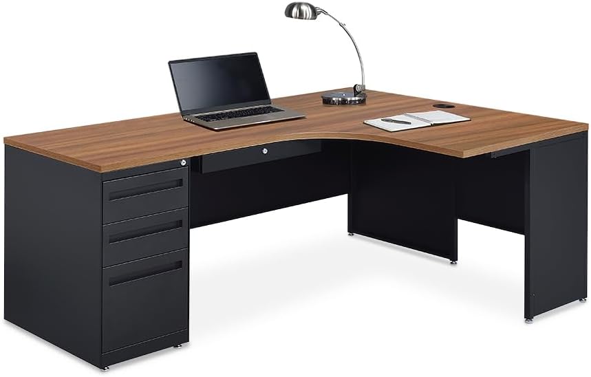 nbf signature series L Shaped Computer Desk with 3-Drawer Pedestal and Right Return Ergonomic Office Desk 72" Wx48 D Gray Wash Maple for Corner Working PC Desk