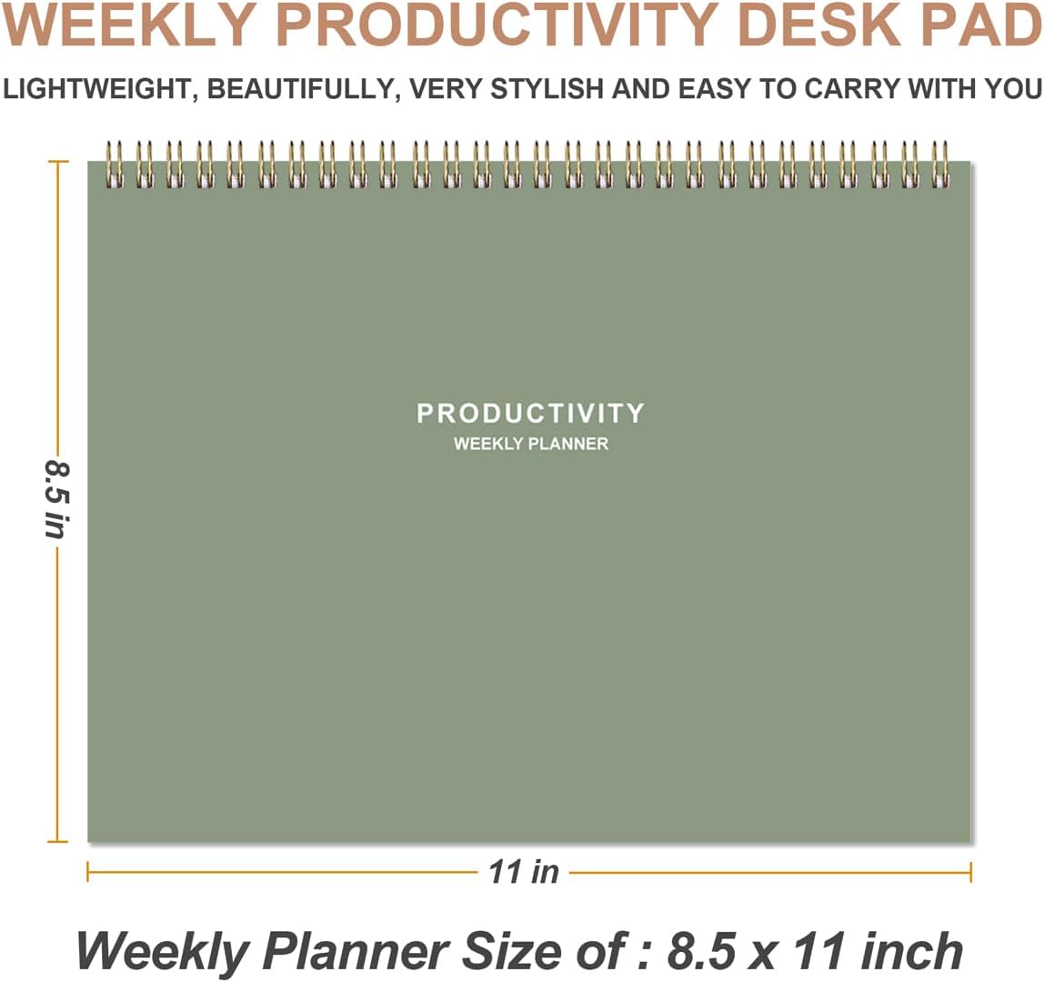 Weekly Productivity Planner - 8.5" x 11" Dashboard Desk Notepad Has 6 Focus Areas to List Tasks for Goals, Projects, Clients, Academic or Meal-Organize Your Daily Work Efficiently, 54 Weeks, Green