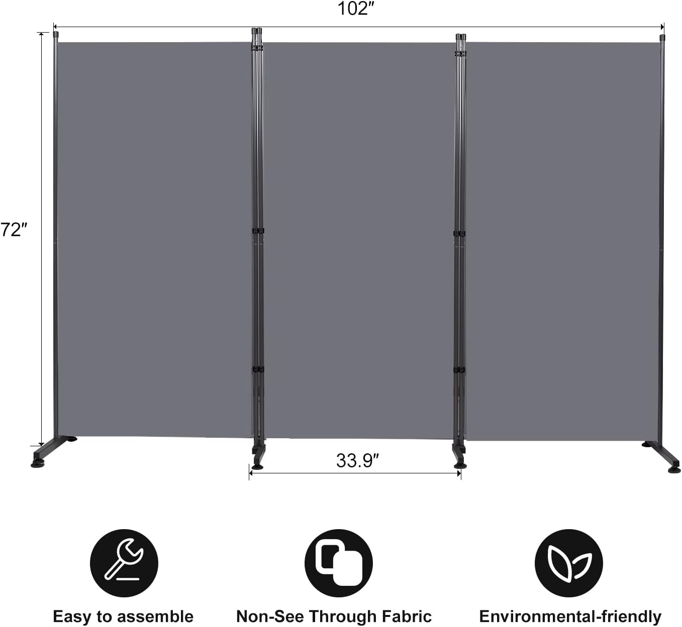 Room Divider 6FT Folding Privacy Screens, Partition Room Dividers w/Freestanding Design, Portable Wall Divider for Room Separtation, Fabric Screen Panel for Home Office Dorm (Grey, 3 Panel-Round Pad)