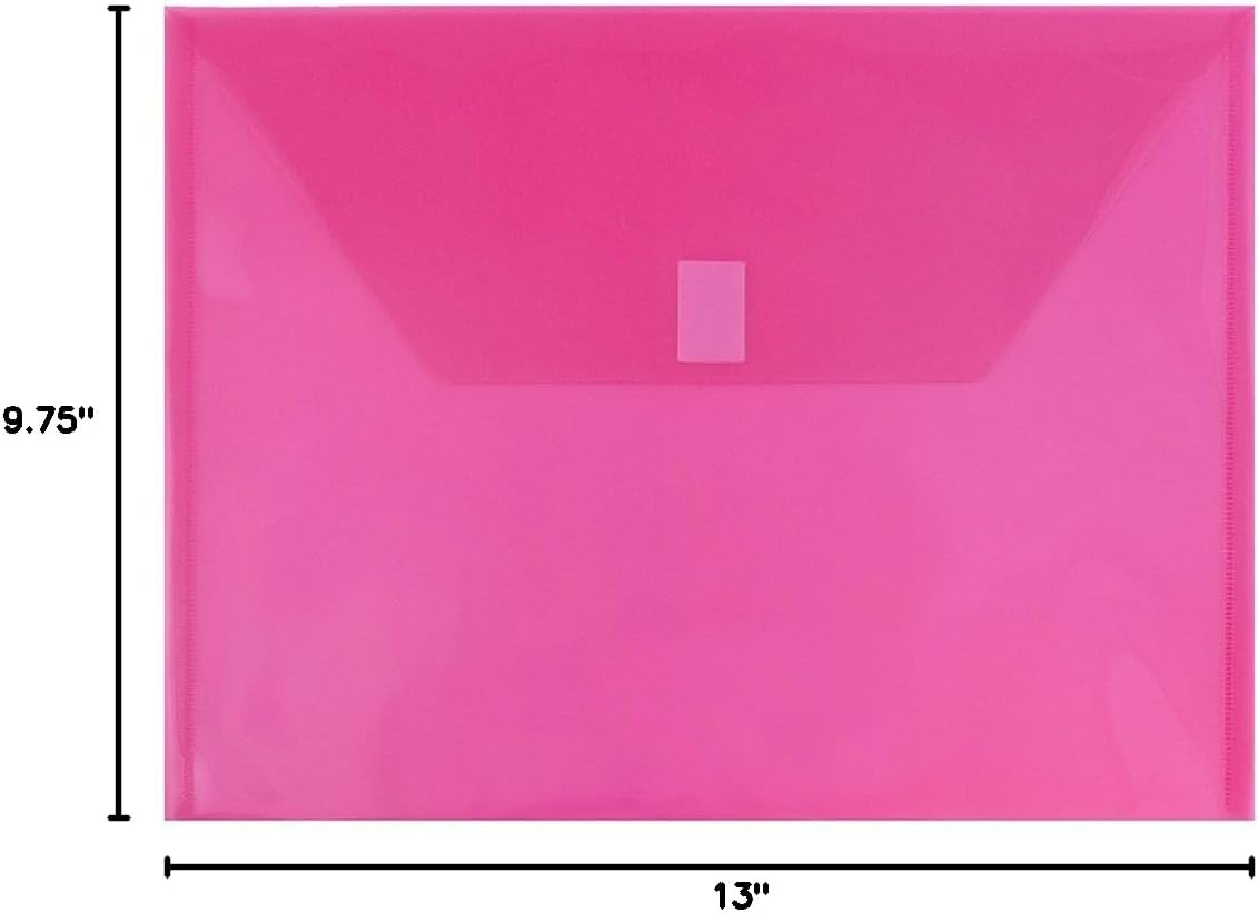 JAM PAPER Plastic Envelopes with Hook & Loop Closure - Letter Booklet - 9 3/4 x 13 - Fuchsia Pink - 12/Pack