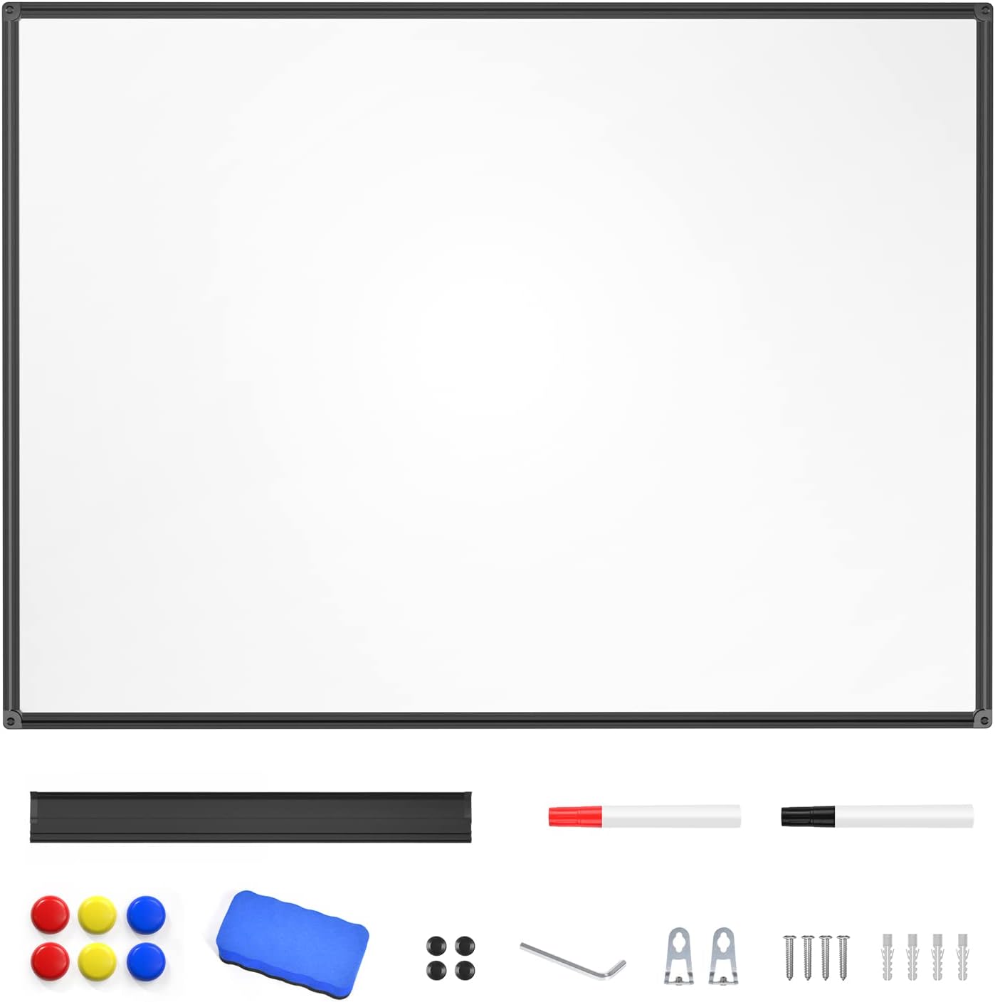 Magnetic Dry Erase Whiteboard 48 x 36 Inch - 4 x 3 Large White Board, Black Aluminum Frame Wall-Mounted, Magnetic Eraser, 2 Pen, Detachable Marker Tray, 6 Magnets for Office, School