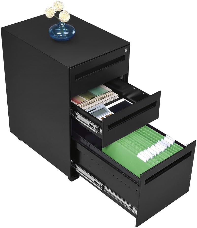NBF Stahl Office Files Pedestal Cabinet - Three Drawer File Cabinet with Lock - Black Steel Office Filing Cabinets - Modern Mobile File Cabinet Document Storage (20.6" D x 14.7" W x 26.24" H)