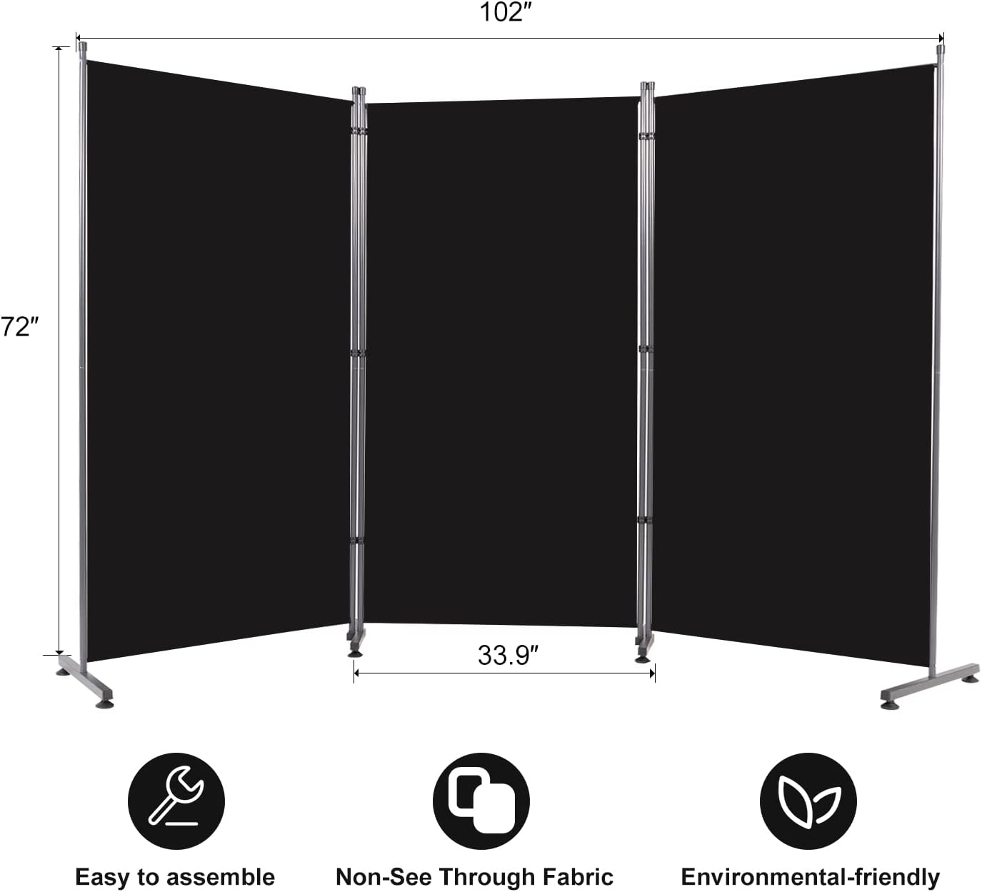 Room Divider 6FT Folding Privacy Screens, Partition Room Dividers w/Freestanding Design, Portable Wall Divider for Room Separtation, Fabric Screen Panel for Home Office Dorm (Black, 3 Panel-Round Pad)