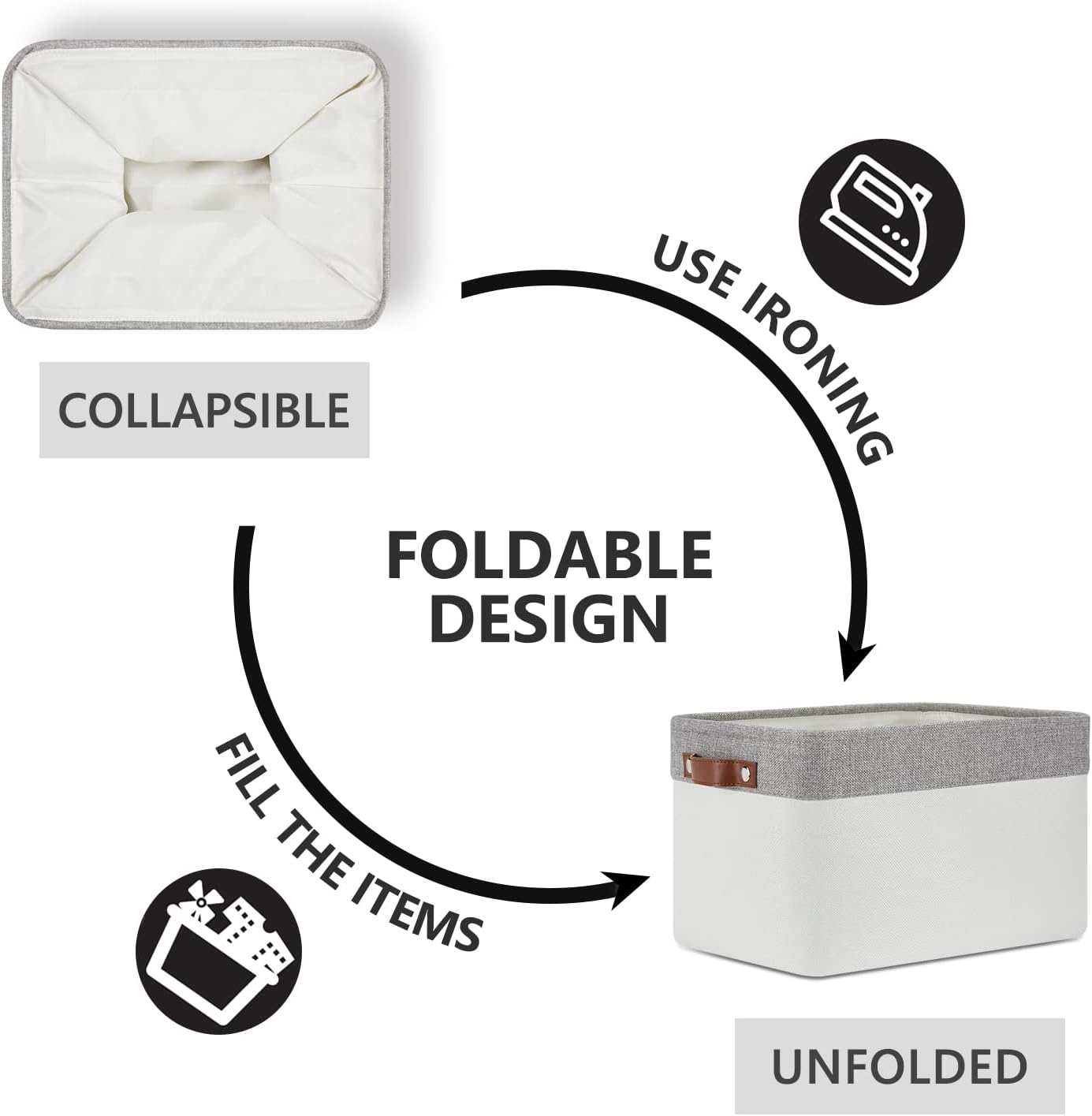 DULLEMELO Storage Baskets for Organizing, Shelves,Bedroom, Decorative Storage Bins with Leather Handles, Fabric Storage Basket for Office, Toys(3-Pack Medium-15 inch X 11 inch X 9.5 inch , Grey&White)