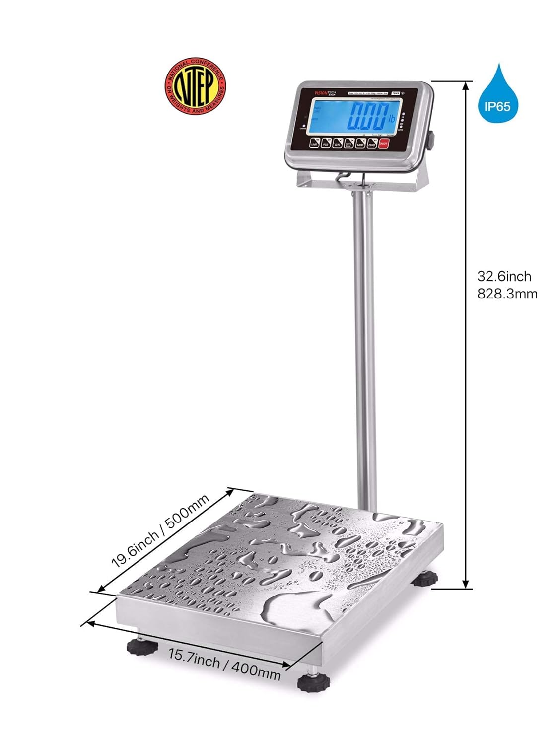 VisionTechShop TBWS-100 Washdown Stainless Steel Bench Scale, Lb/Kg/Oz Switchable, 100lb Capacity, 0.02lb Readability, NTEP Legal for Trade