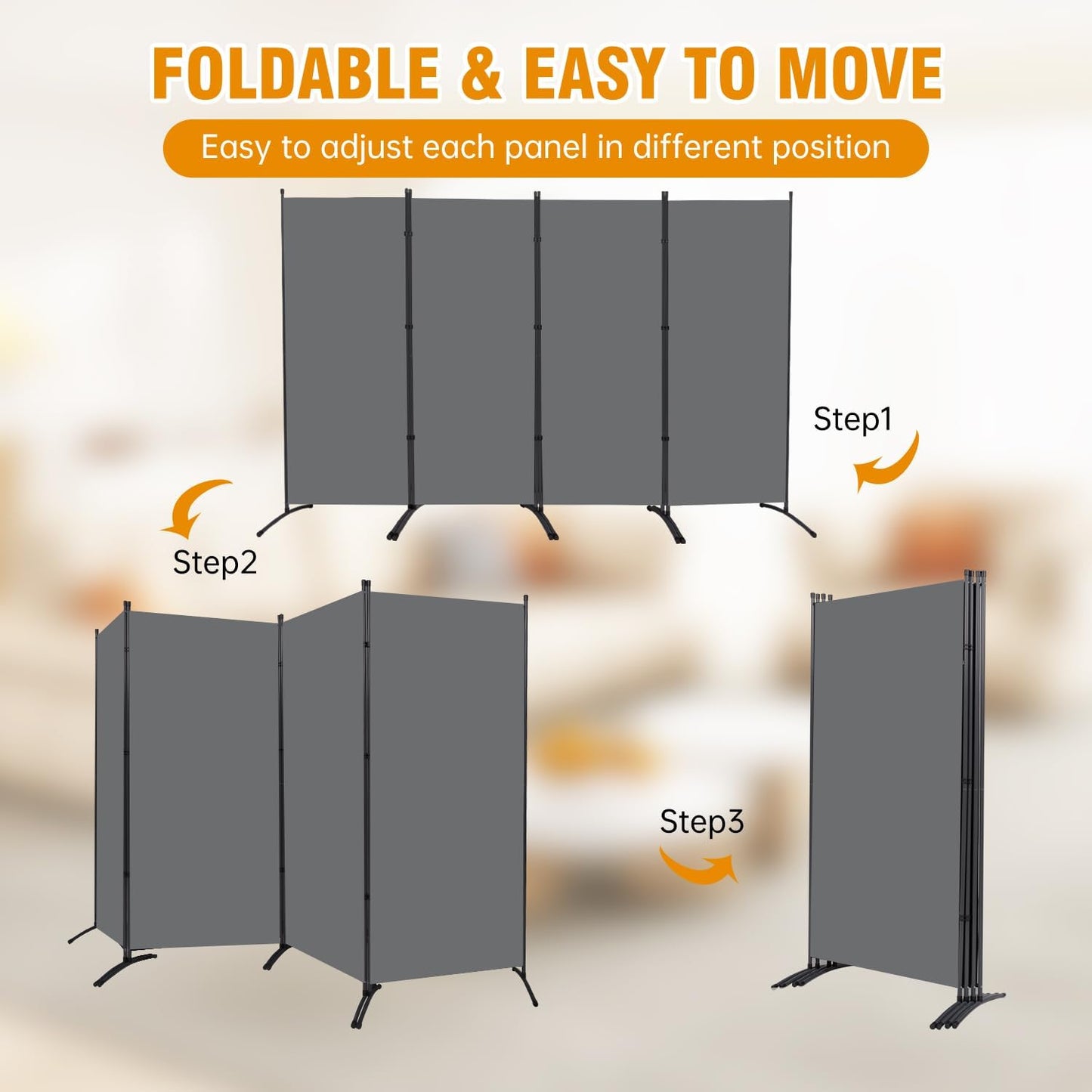 4 Panel Folding Privacy Screens, 6 FT Tall Wall Divider with Metal Frame, Freestanding Room Divider for Office Bedroom Study (4 Panel, Grey)