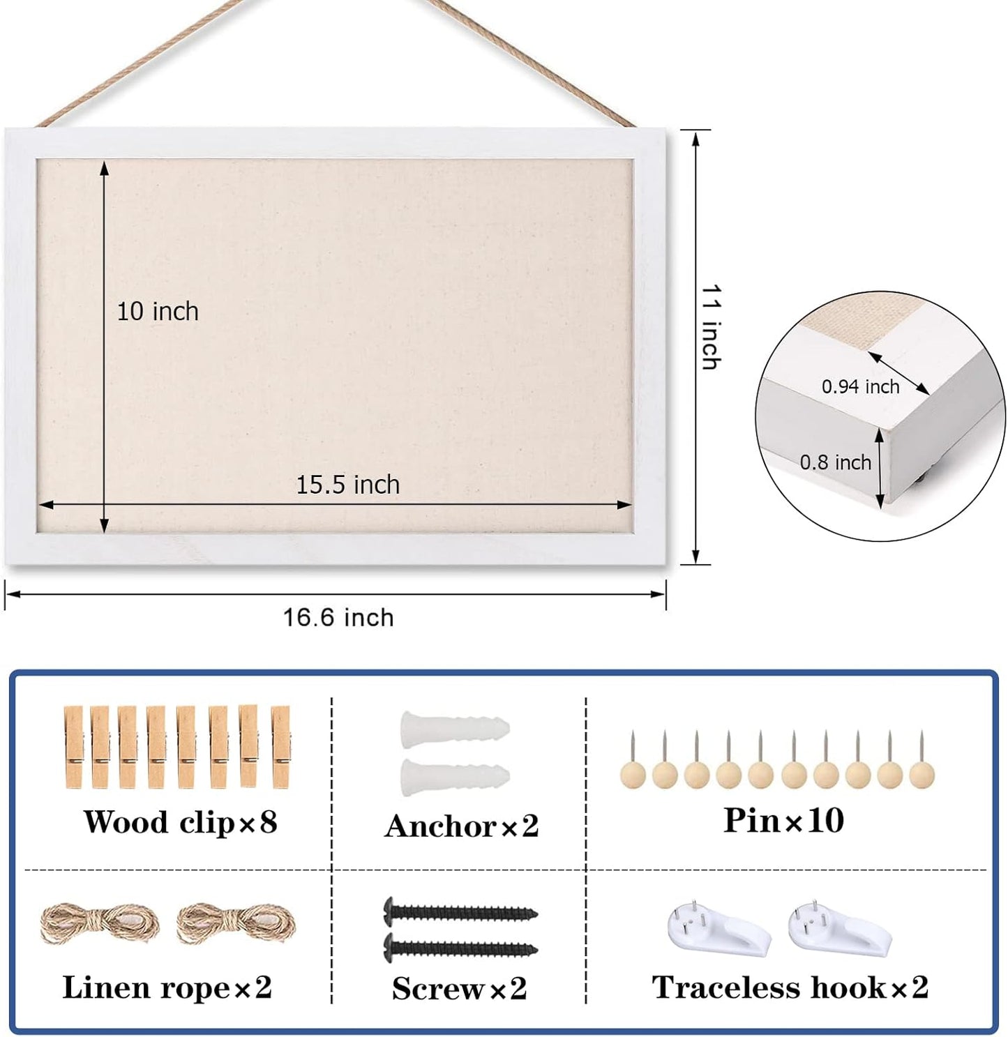 Miratino Cork Board Bulletin Board, 16 "x11 White Linen Cork Boards for Walls with White Frame, Pin Board Vision Board for Home Kitchen School Office Decor