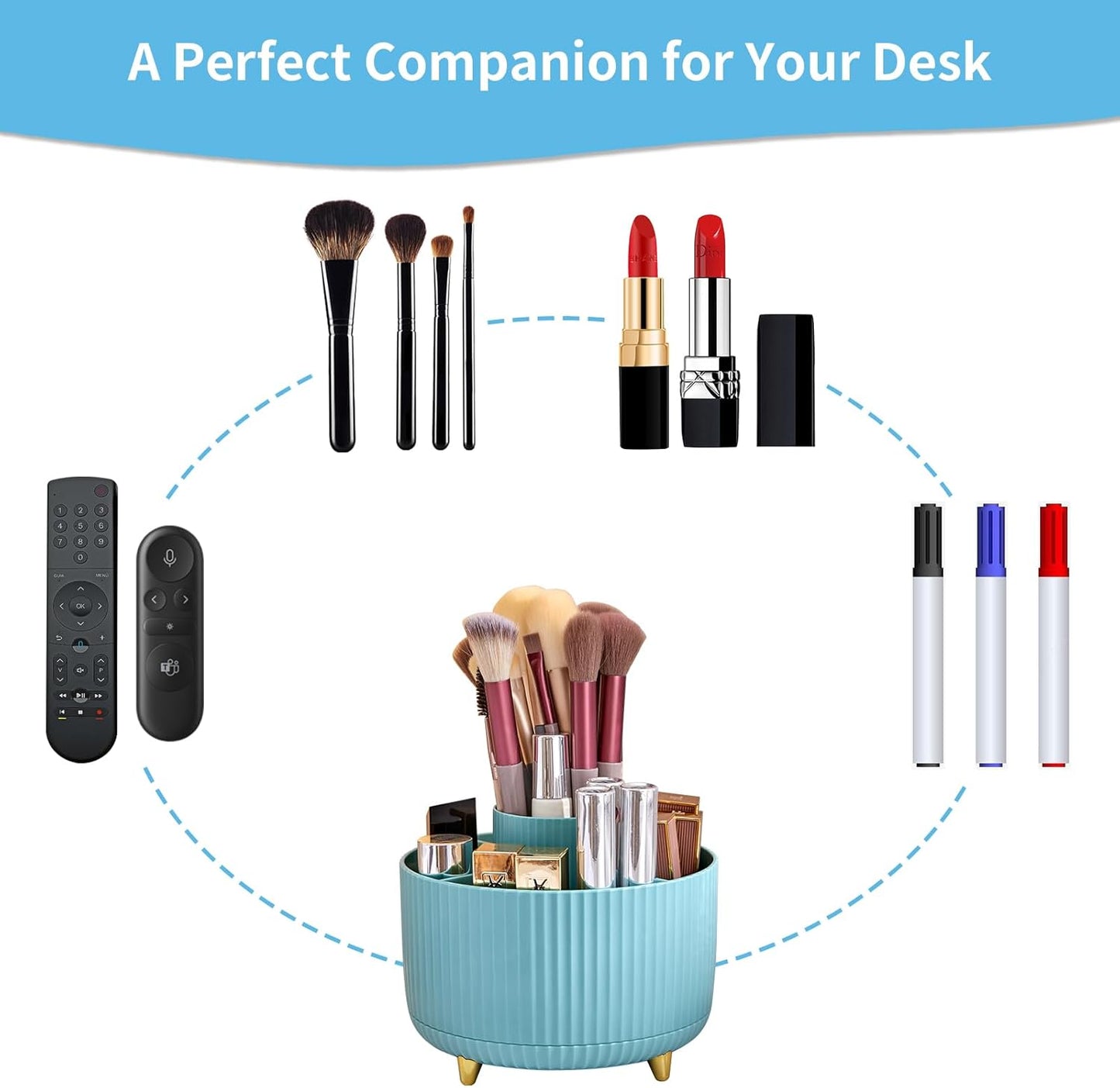 Marbrasse Desk Organizer, 360-Degree Rotating Pen Holder, Desk Organizers and Accessories with 5 Compartments Pencil Holder, Art Supply Storage Box Caddy for Office, Home(Light Blue)