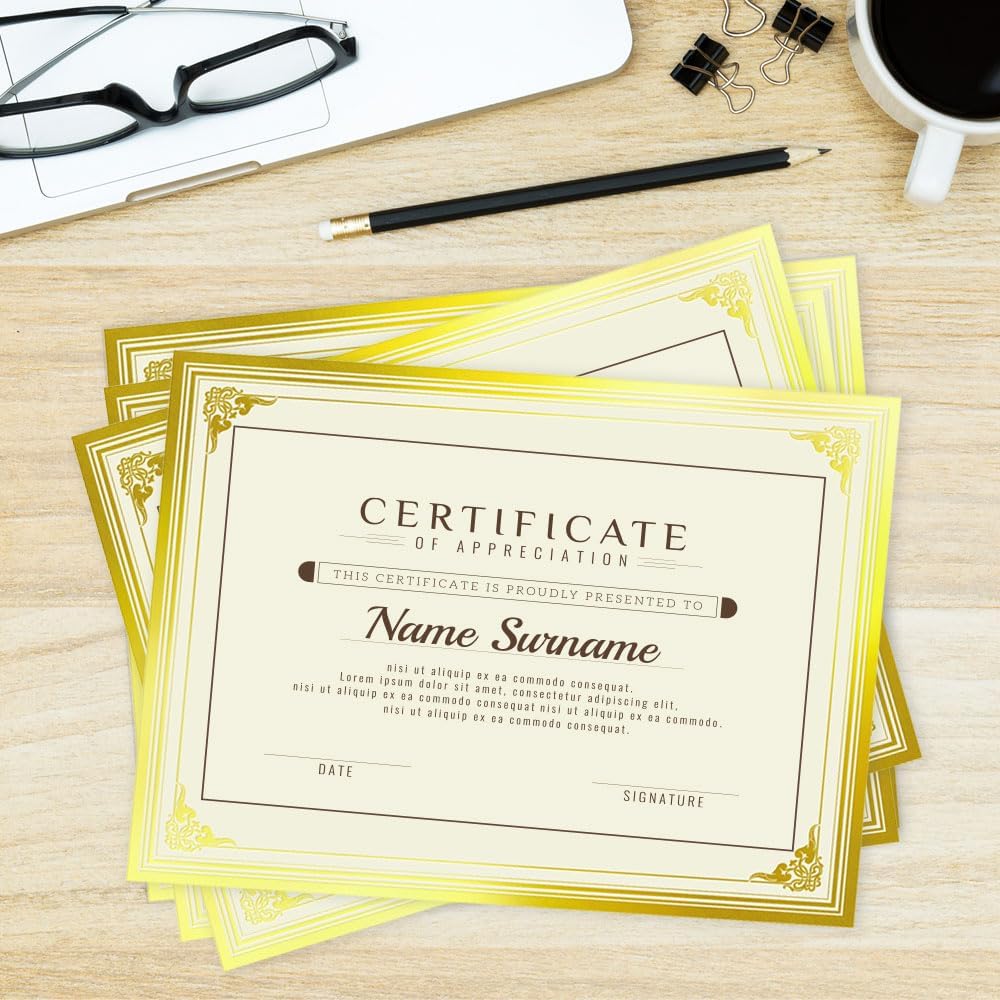 SUNEE 100 Sheets Certificate Papers - Blank Gold Foil Border, Letter Size 8.5x11 for Diploma, Certificates, Participation Awards, Document Cardstock Paper and Inkjet Printer Friendly
