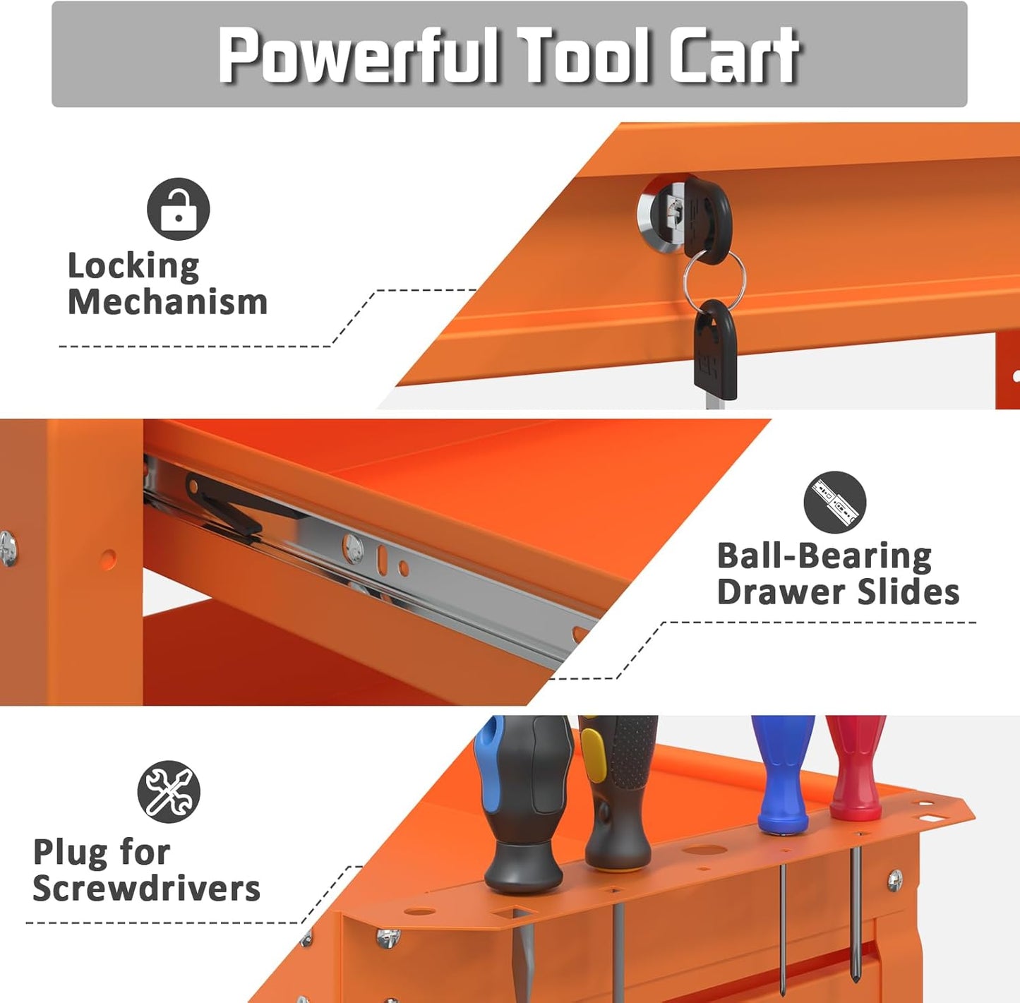 3 Tray Tool Cart with Drawers, 400 LBS Capacity Rolling Tool Carts on Wheels, Heavy Duty Utility Cart with Pegboard, Mechanic Tool Storage Cart for Garage, Warehouse and Repair Shop, Orange