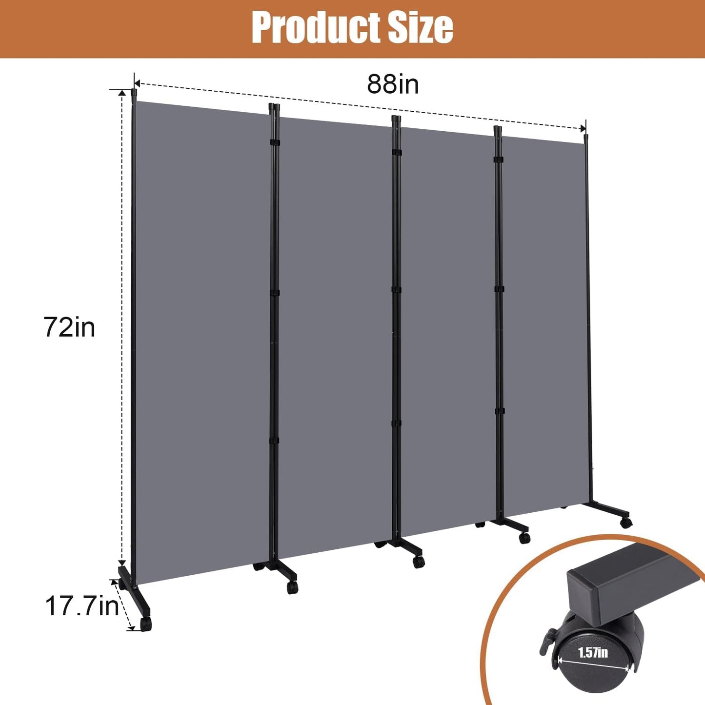 Room Divider Portable 88'' Partition Room Dividers and Folding Privacy Screens 4 Panel Wall Divider for Room Separation,Freestanding Fabric Room Divider Panel with Wheels for Home Office Hospital