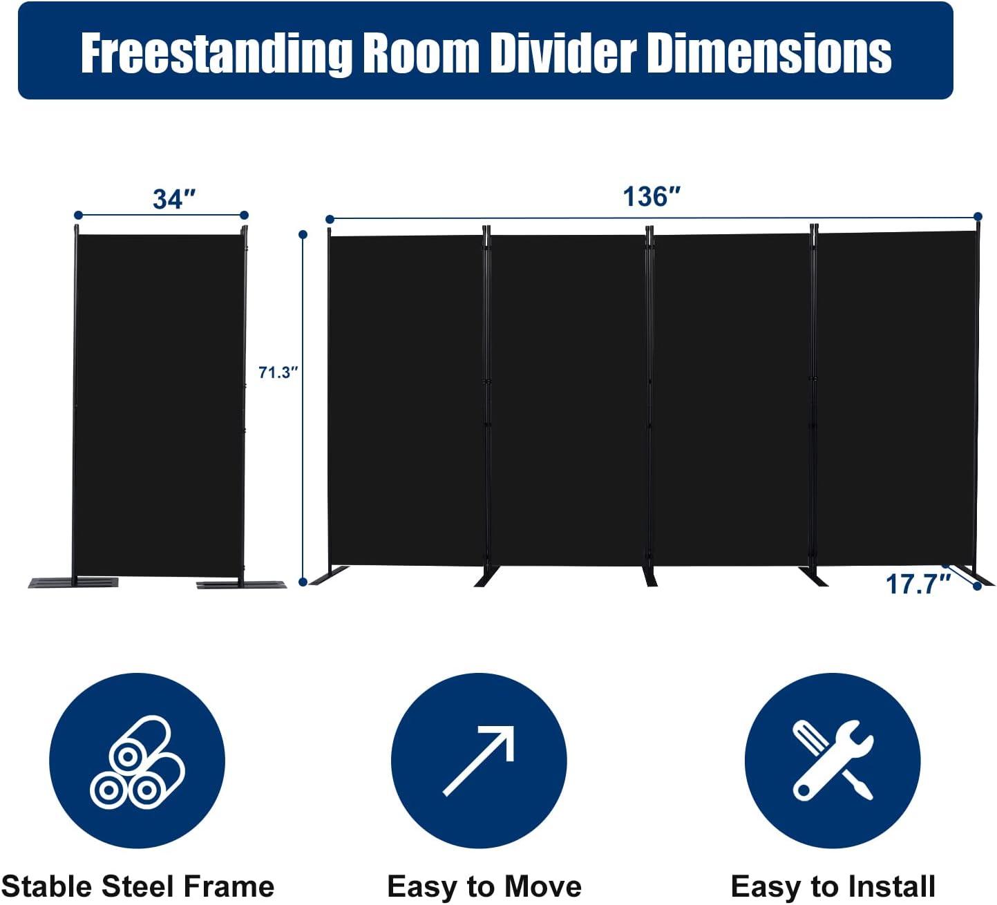 Room Divider 6FT Portable Room Dividers and Folding Privacy Screens, 136'' W Fabric Divider for Room Separation, 4 Panel Partition Room Dividers Freestanding Wall Divider Screen for Dorm Studio Office