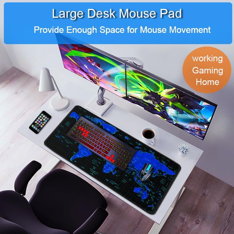 Gaming Mouse Pad, 31.5x15.7 inch Large Extended Computer Keyboard Mouse Mat, Water Resist Non-Slip Mousepad Rubber Base Long XXL Desk Mouse Pad for Work & Gaming, Office & Home, Blue Map