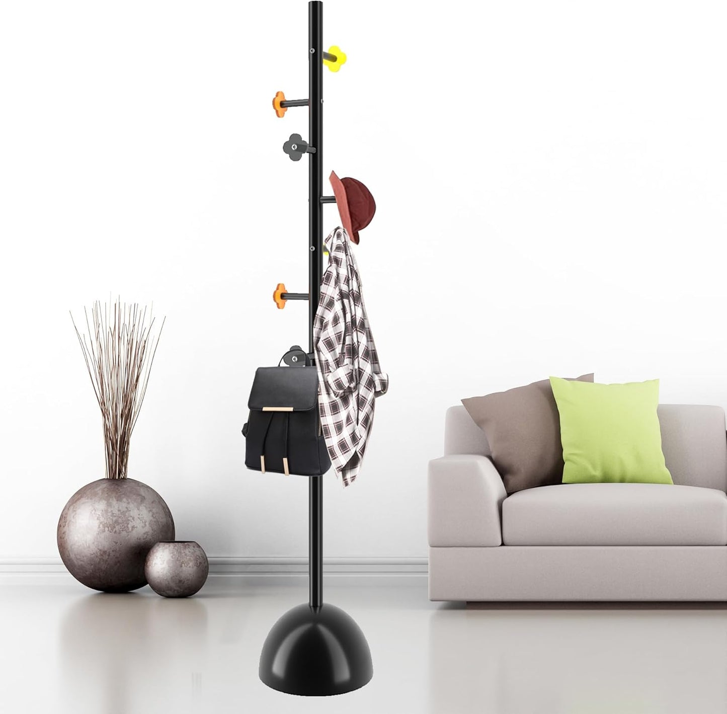 Metal Coat Rack Stand with Ball Base, Modern Coat Rack Freestanding, Heavy Duty Coat Racks with 8 Acrylic Hooks, Coat Hall Tree Hanger Stand for Entryway, Office