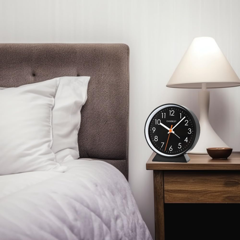 No Ticking Silent Alarm Clock,Easy to Read and Use,Ascending Sound,1 AA Battery Operated,Snooze Light,Bedside Desk Clock,Black