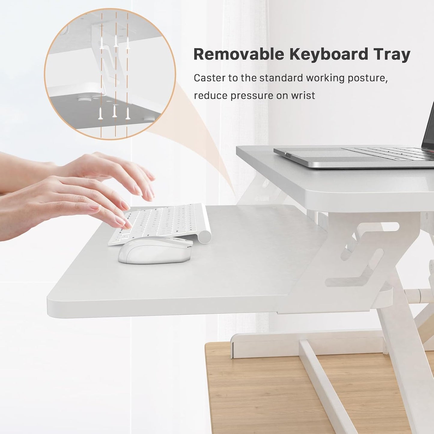 JOY worker Standing Desk Converter, 32" Wide Height Adjustable Sit Stand Up Desk Riser with Keyboard Tray, Desktop Workstation Riser for Home Office Computer Laptop, Particle Board, White