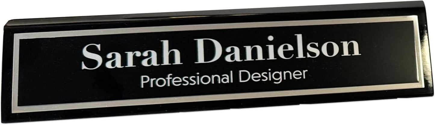Custom Desk Wedge Name Plate - Personalized Titles and Styles (2x10 Inch, Black Piano Finish w/Name Plate)