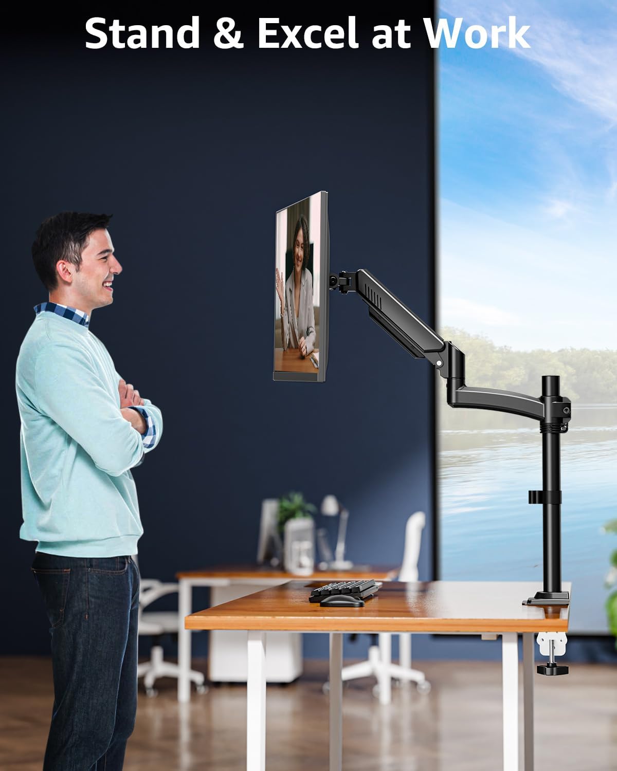 Single Monitor Arm Holds 4.4-22lbs, Monitor Stand for Desk, Height Adjustable Monitors Mount for 32 27 24 22inch, Full-Motion Monitors Desk Mount with C-Clamp&Grommet Base, Freelift Black