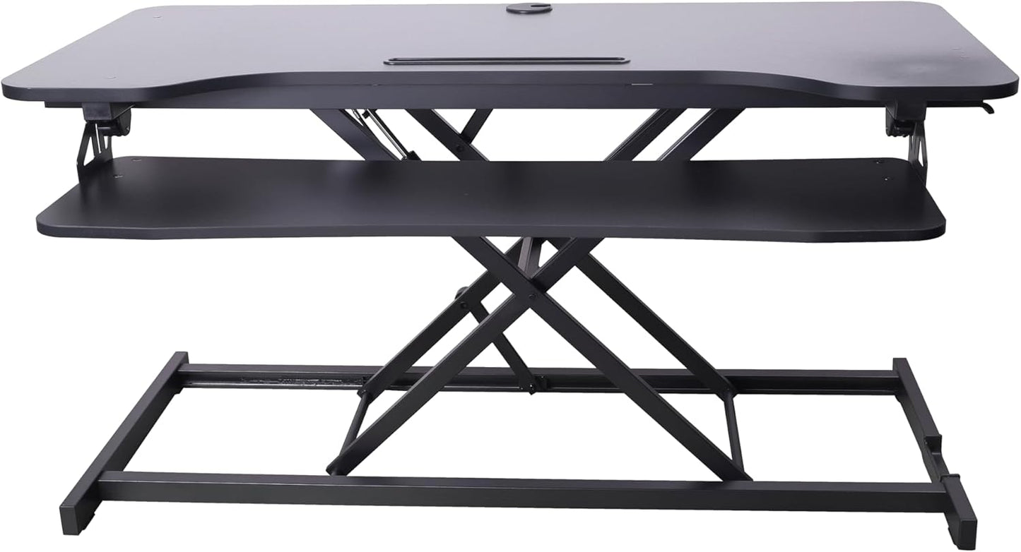 Rocelco 43" Height Adjustable Standing Desk Converter with Anti Fatigue Floor Mat - Tall Stand Up Tabletop Riser and Tablet Slot - Computer Workstation - Deep Keyboard Tray - Black (R VADRB-43-MAFM)