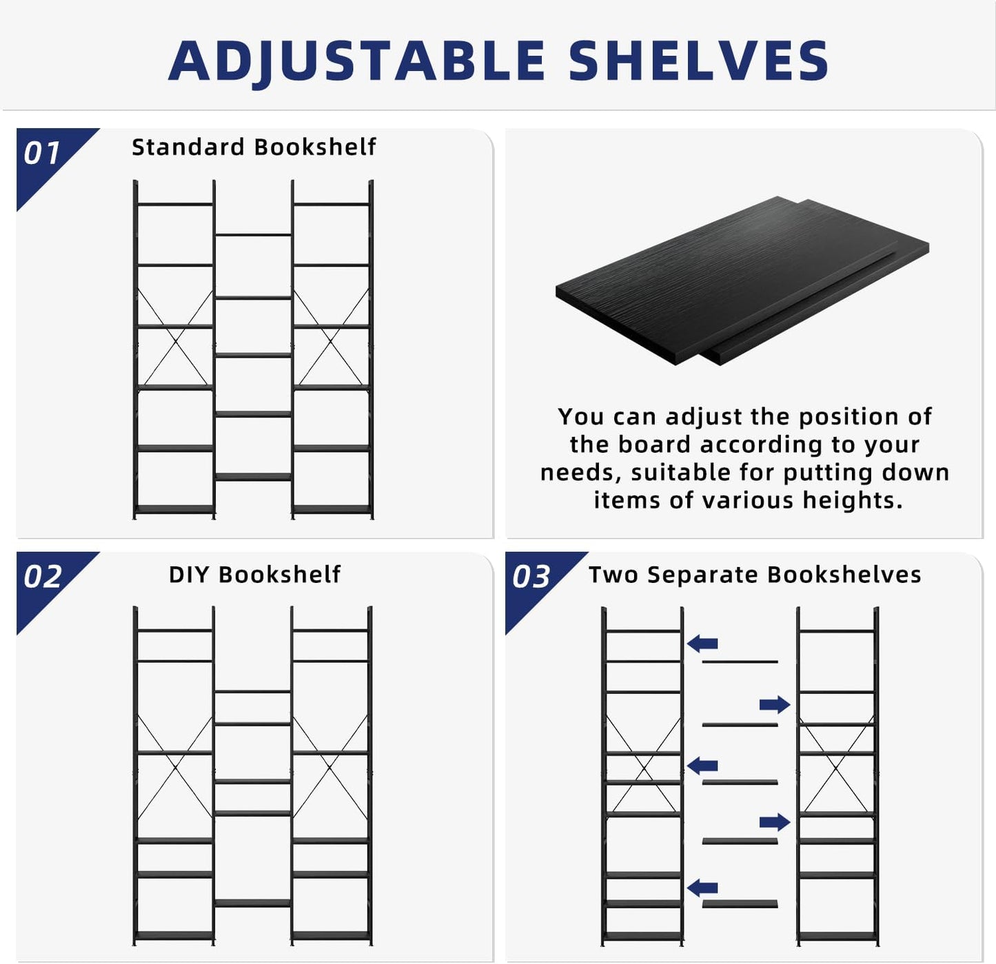 NUMENN Triple Column 6 Tier Bookshelf, Bookcase with 17 Open Display Shelves, Adjustable Rustic Industrial Style Book Shelves, Modern Bookshelves for Bedroom, Living Room and Home Office, Black