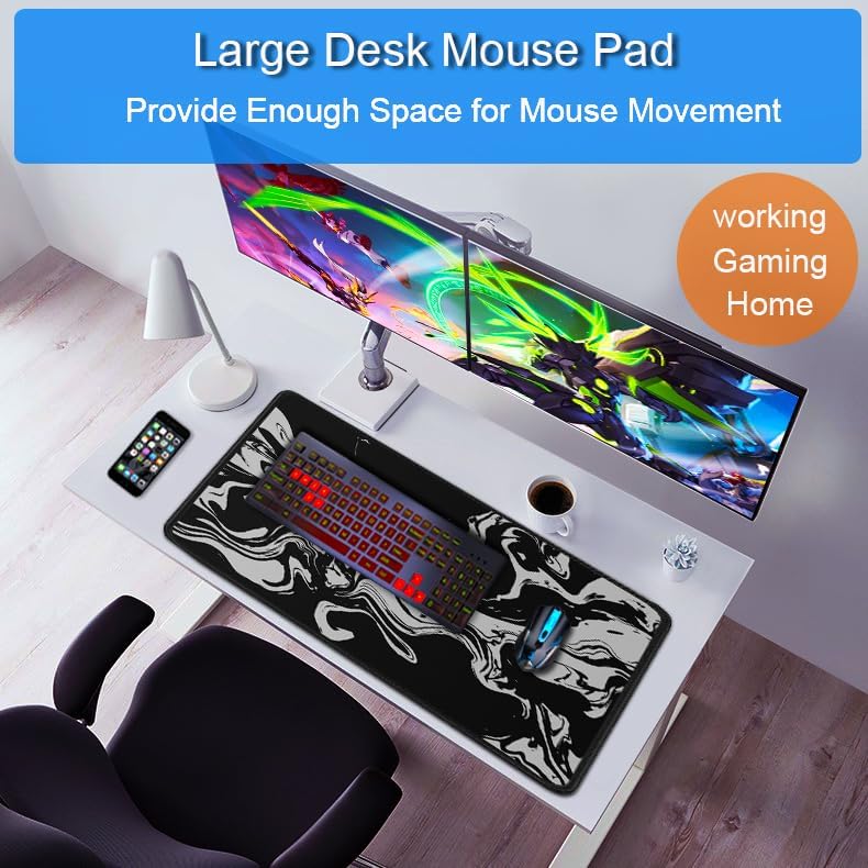 Gaming Mouse Pad, 31.5x15.7 inch Large Extended Computer Keyboard Mouse Mat, Water Resist Non-Slip Mousepad Rubber Base Long XXL Desk Mouse Pad for Gaming, Office & Home, Marble White