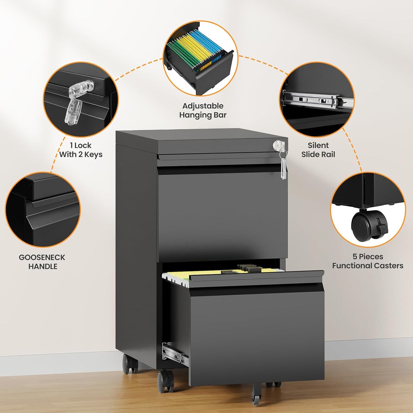 2 Drawer File Cabinet with Lock, Rolling File Cabinets for Home Office, Small Metal Filing Cabinet Office Drawers Under Desk for Letters/Legal/A4 Size, Assembly Required