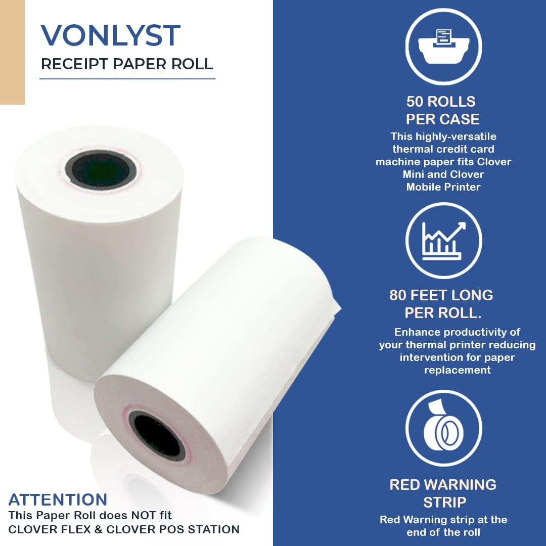 Receipt Paper for Clover Mini and Clover Mobile Thermal Printer 2 1/4 x 80 (50 rolls)