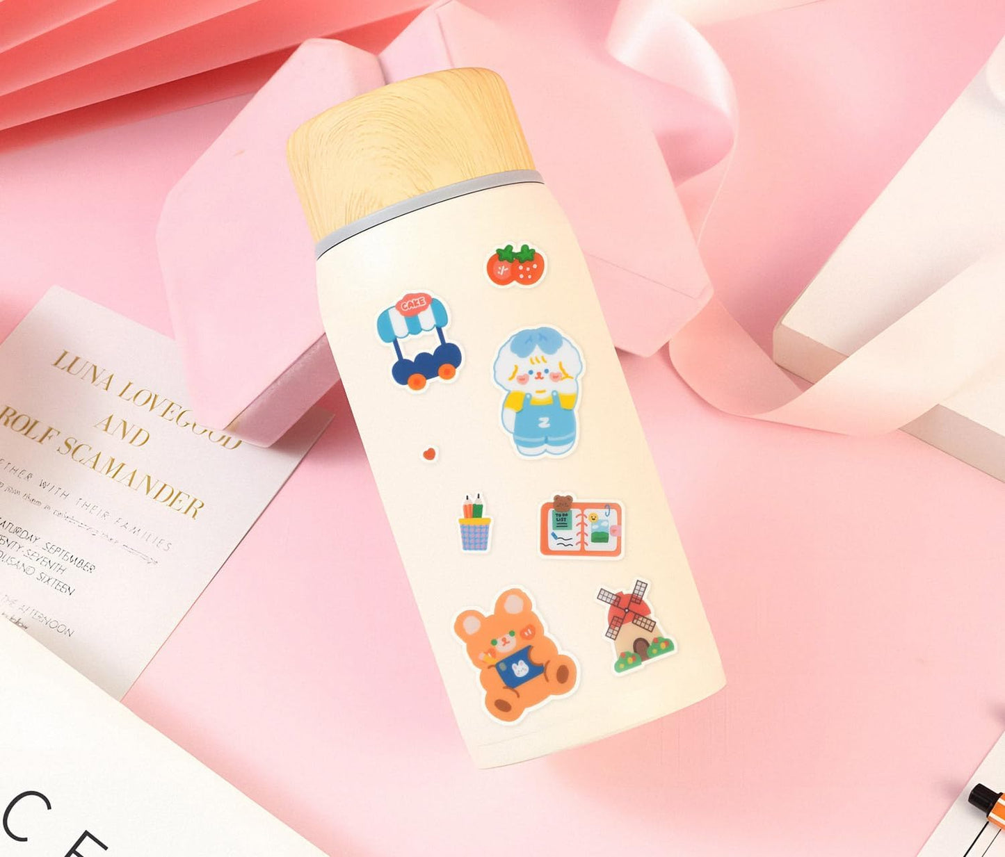 Kawaii Cartoon Bear Journaling Stickers - 100 Sheets Cute Rabbit Animal Transparent PET Scrapbooking Clipping Supplies Calendar Decals Sticker for Planners Collage Junk Journal DIY Arts Crafts