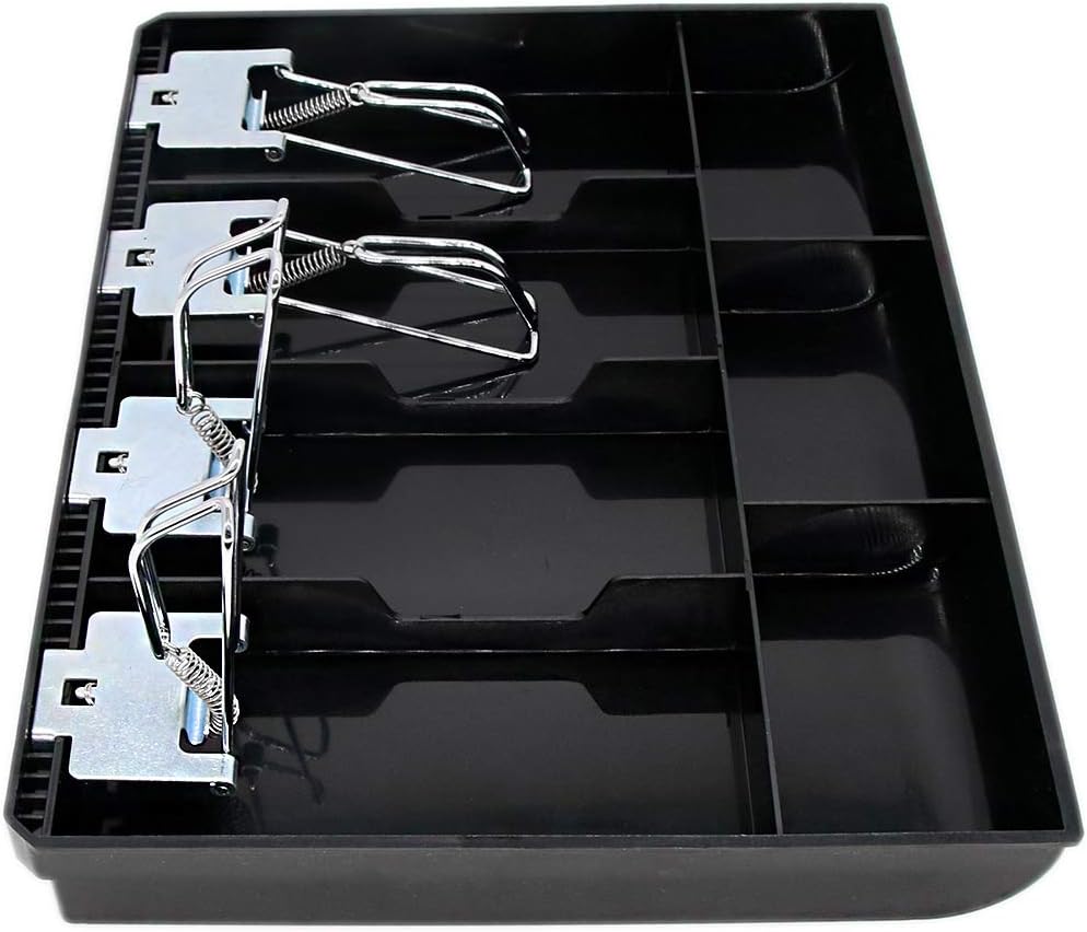 Cash Register Drawer Insert Tray 4 Bill/3 Coin Compartments with Metal Clip for Money Storage, Black