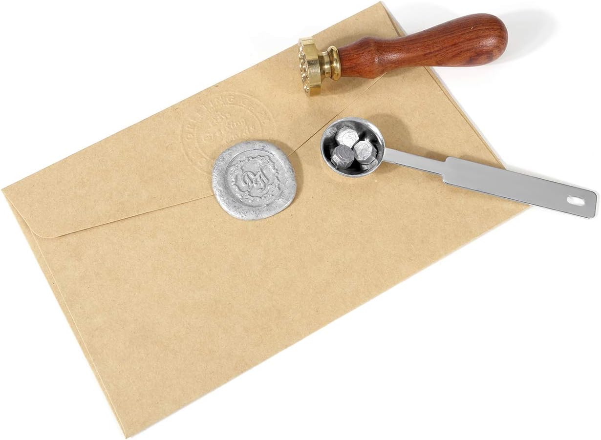 Silver Sealing Wax Beads, Yoption 300 Pieces Octagon Wax Seal Beads Kit with 2 Melting Spoon and 4 Candles for Seal Stamp (Silver)