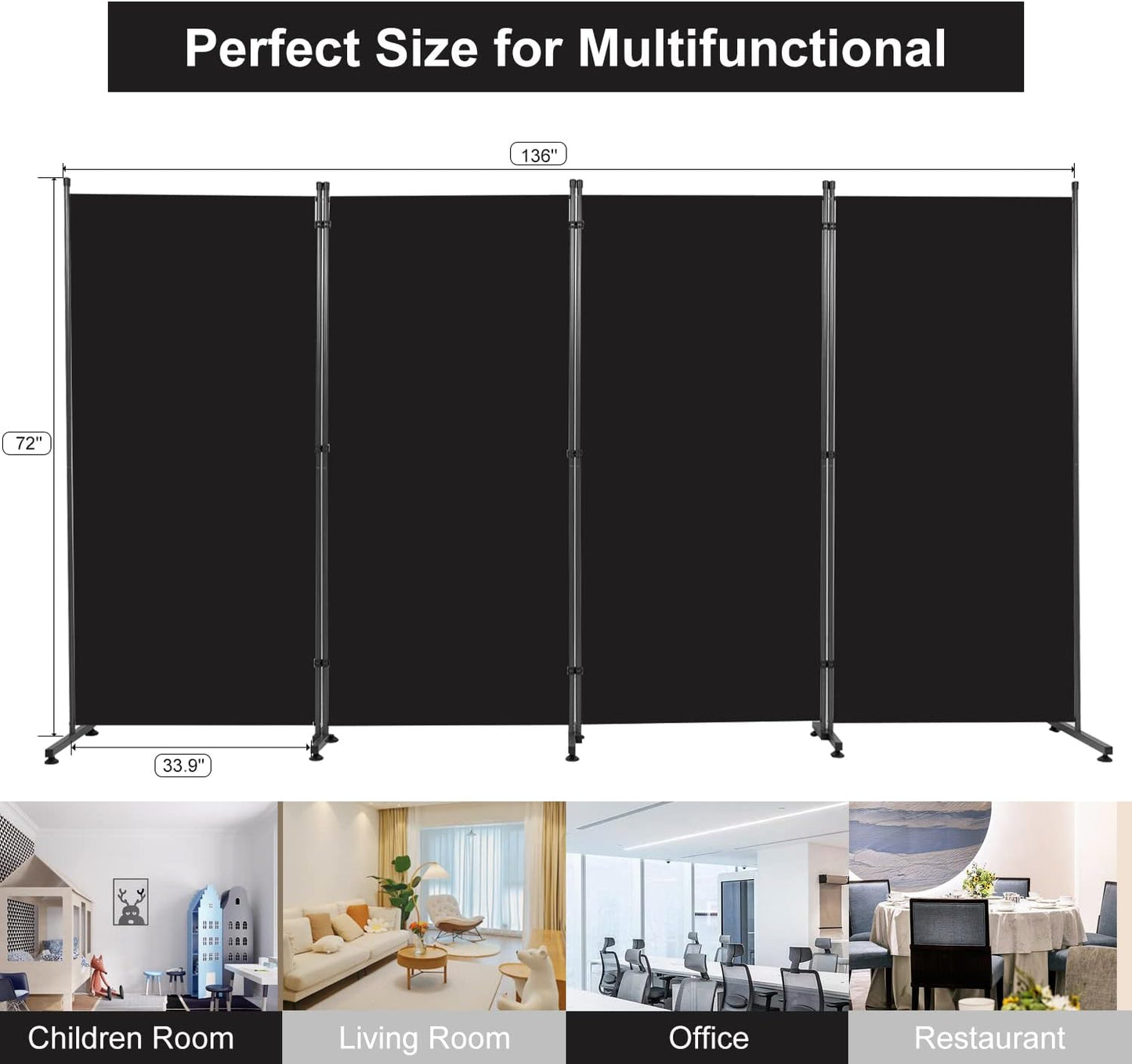 Room Divider 6FT Folding Privacy Screens, Partition Room Dividers w/Freestanding Design, Portable Wall Divider for Room Separtation, Fabric Screen Panel for Home Office Dorm (Black, 4 Panel-Round Pad)