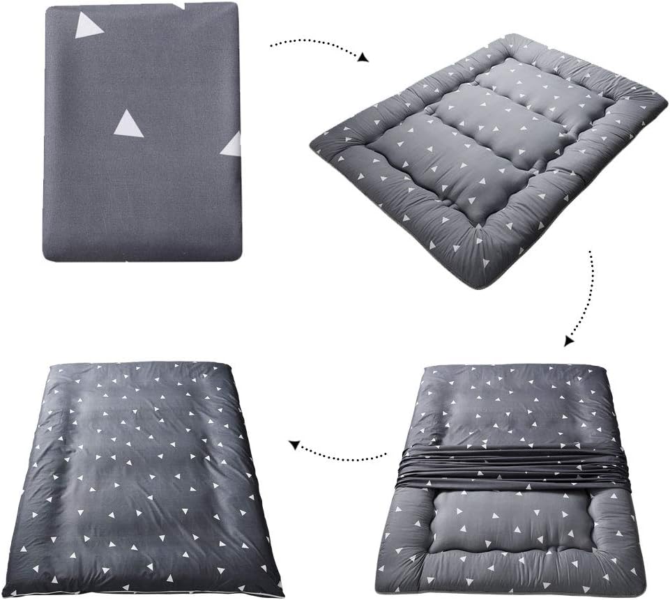 Grey Triangle Japanese Floor Futon Mattress, Tatami Floor Mat Portable Camping Mattress Kids Sleeping Pad Foldable Roll Up Floor Lounger Pillow Bed Queen Size with Mattress Protector Cover