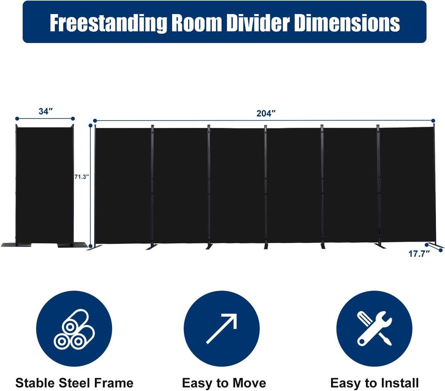 Room Divider 6FT Portable Room Dividers and Folding Privacy Screens, 204'' W Fabric Divider for Room Separation, 6 Panel Partition Room Dividers Freestanding Wall Divider Screen for Dorm Studio Office