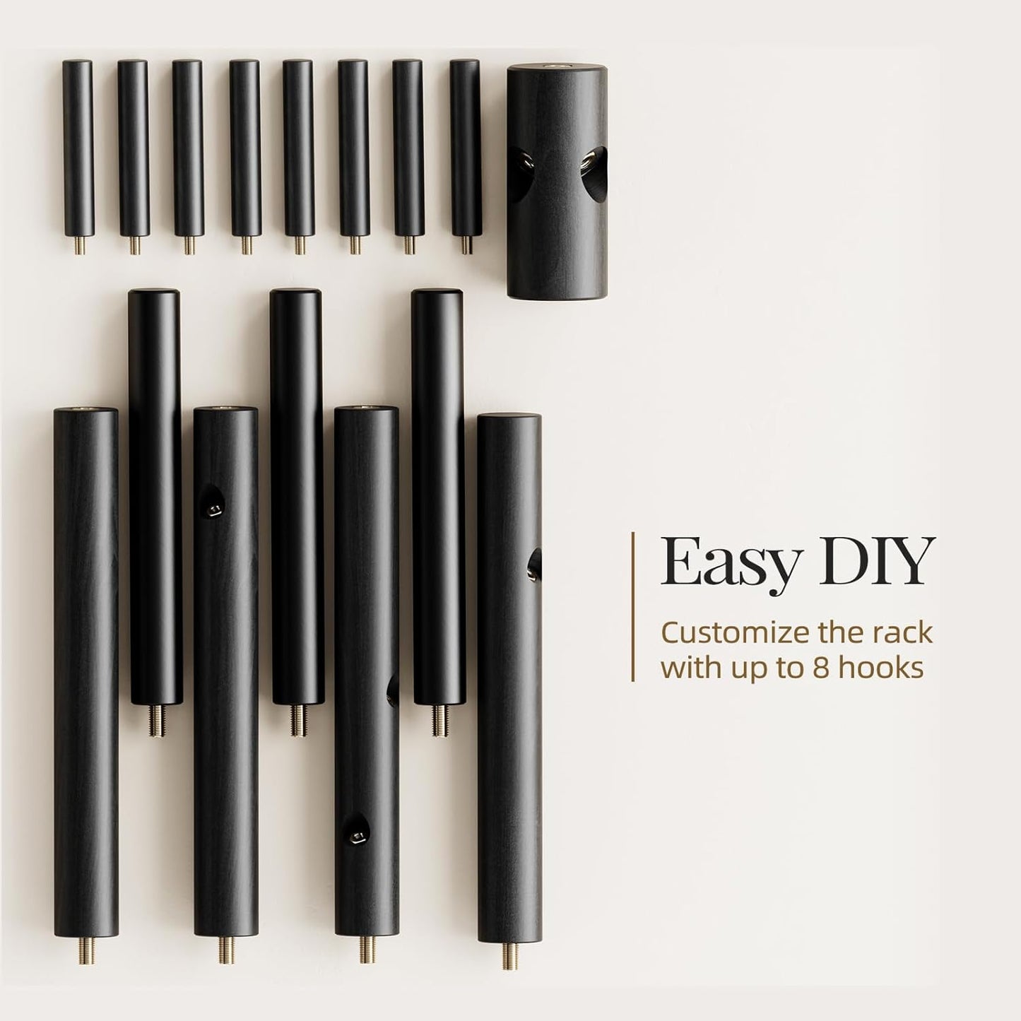 Pipishell Sturdy Wooden Coat Stand, 3 Adjustable Sizes Coat Tree with 8 Hooks, Coat Stands for Hallway Entryway, Hat Stand for Clothes, Used in Bedroom/Office/Hallway/Entryway, Black