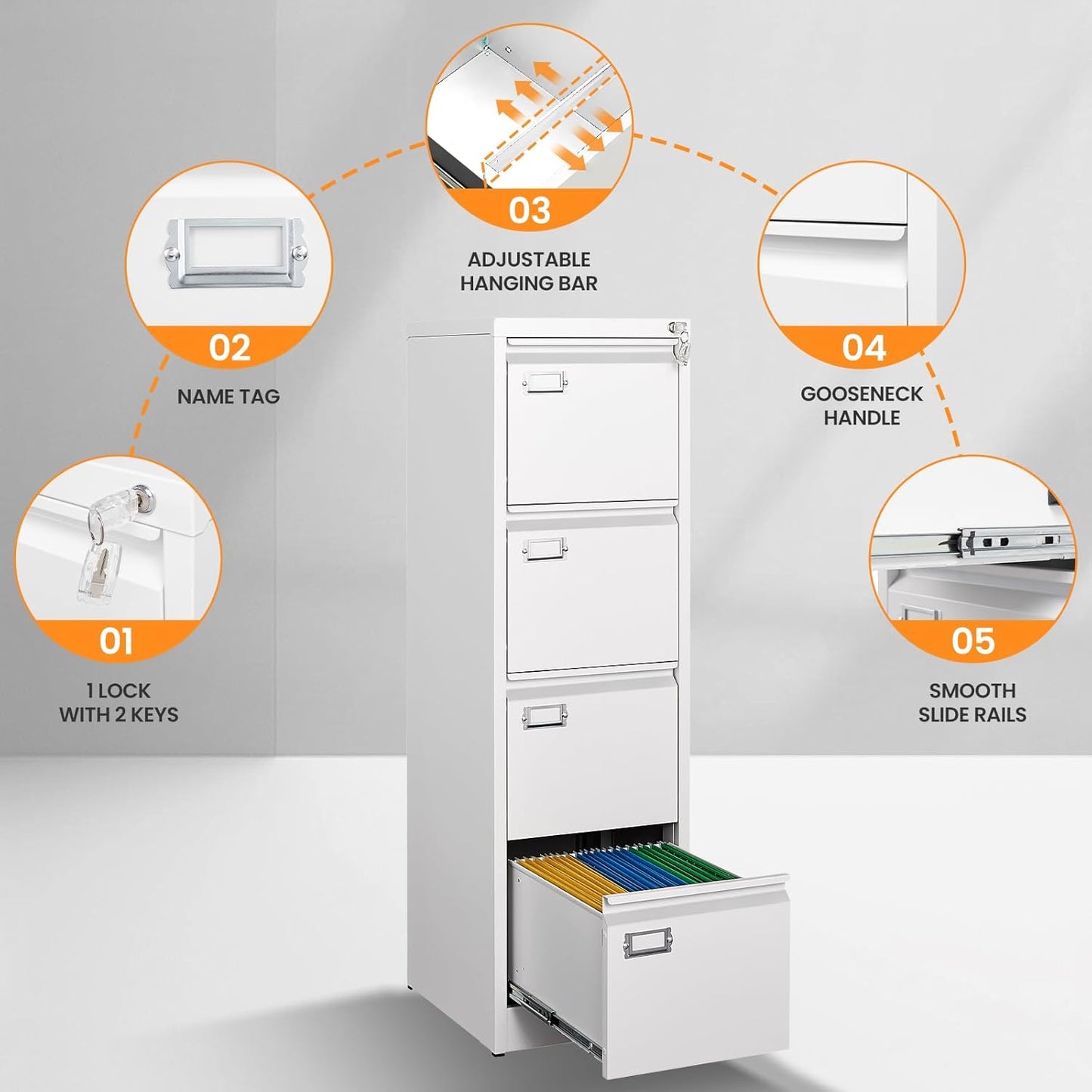 4 Drawer File Cabinet with Lock, Metal Filing Cabinets for Home Office, Vertical Black Locking File Caninet, Steel Narrow Four Drawer File Cabnet for Letter/Legal / A4 / B4- Assembly Required