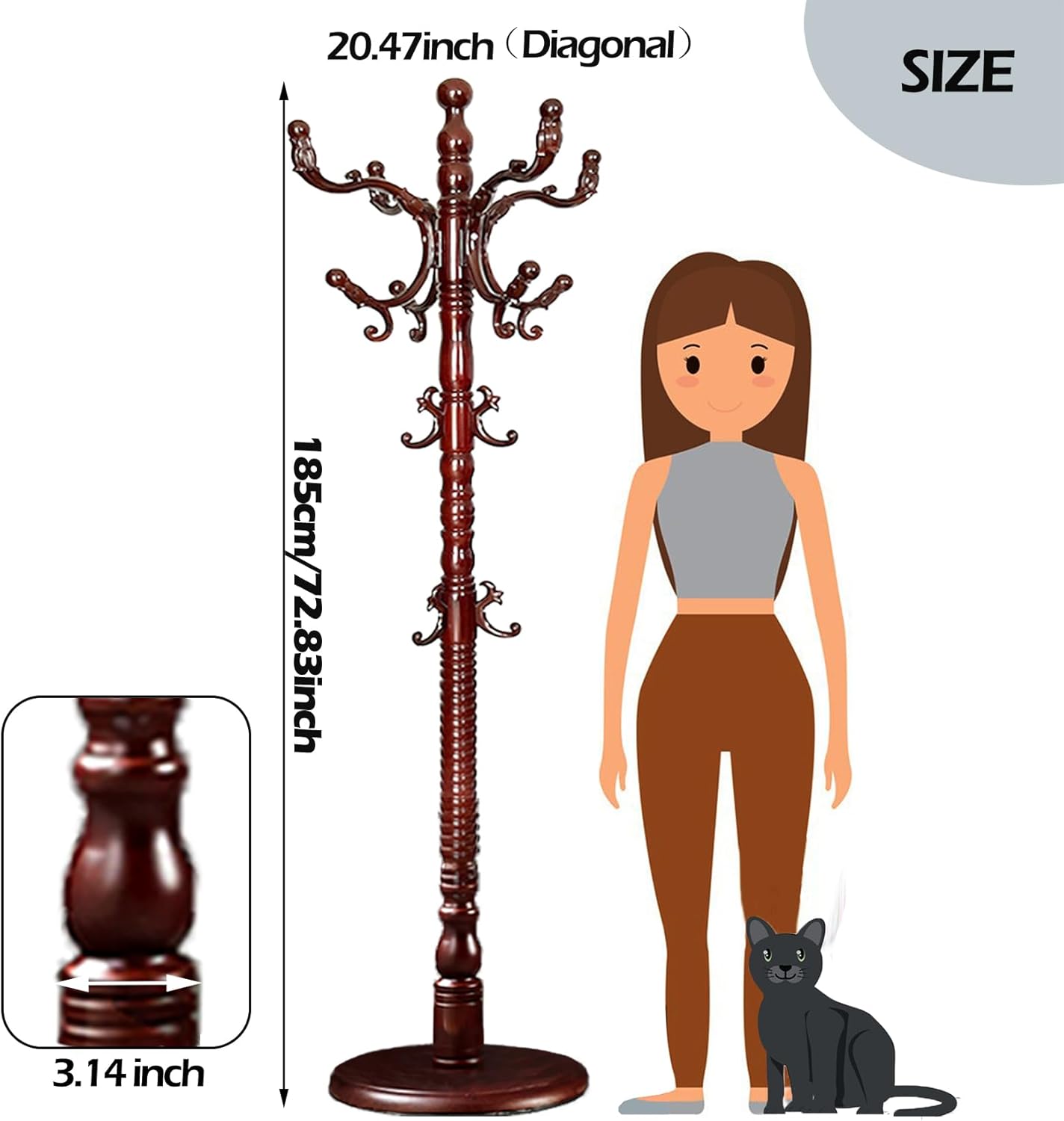 Coat Racks Free Standing with 14 Hooks, Natural Wood Coat Stands for Entryway, Adjustable Height 73 in Tree Coat Rack Stand for Hallway Home Office Bedroom (Mahogany)