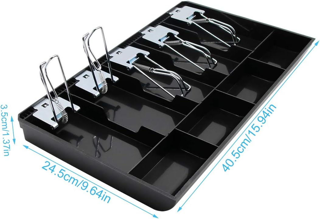 Cash Register Drawer Insert Tray 5 Bill/4 Coin Compartments with Metal Clip for Money Storage, Black