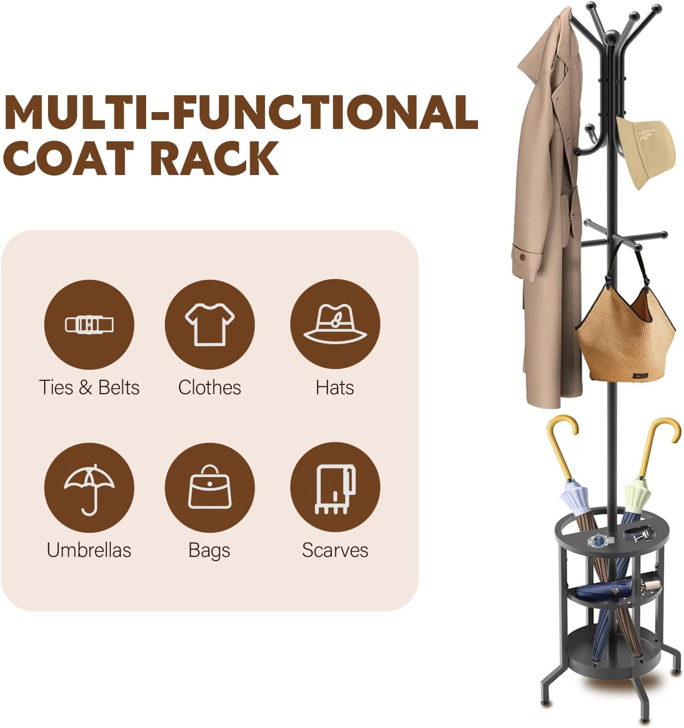 Coat Rack Freestanding, Coat Stand with Umbrella Holder, Metal Coat Tree with 12 Hooks, Coat Hanger Stand for Entryway, Coat Rack Stand for Bedroom, Living Room & Office