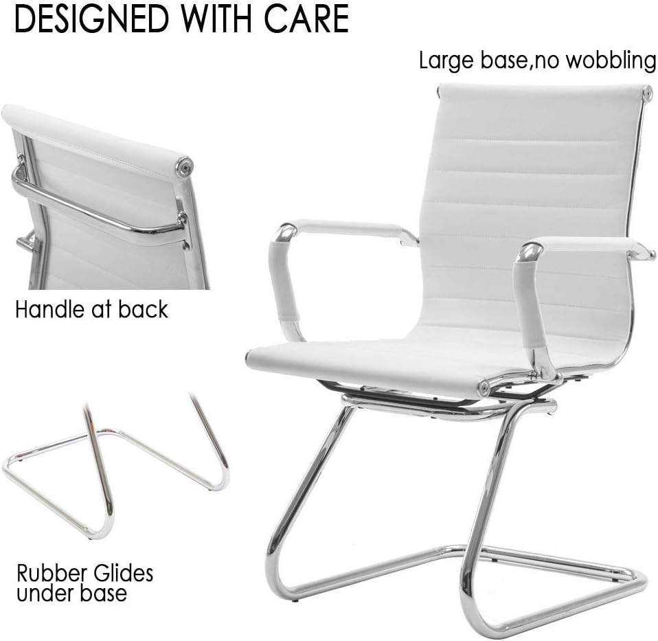 Reception Chairs Leather Conference Chairs No Wheels Back Support Heavy Duty Office Guest Chair, Set of 2 (White)