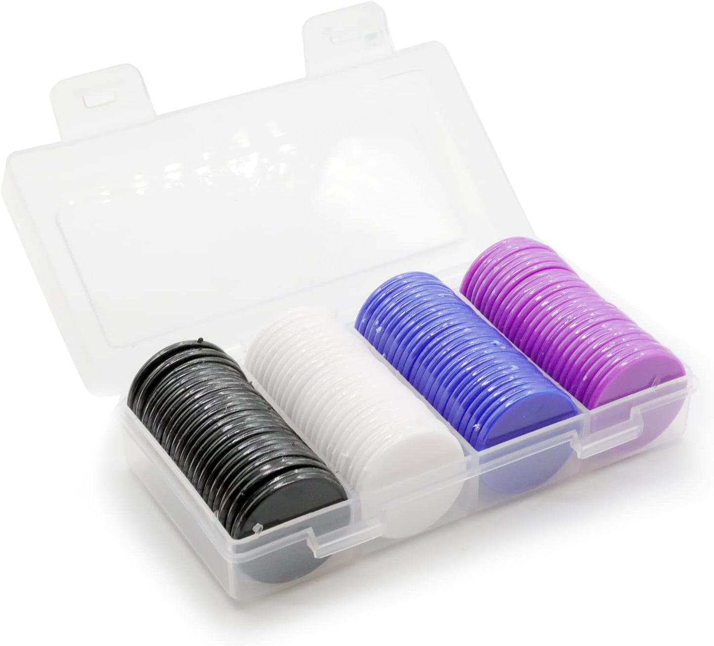 Set of 100 Opaque Plastic Learning Counters Mini Poker Chips Game Tokens with Storage Box (Black+White+Blue+Purple, 1.58 Inch)