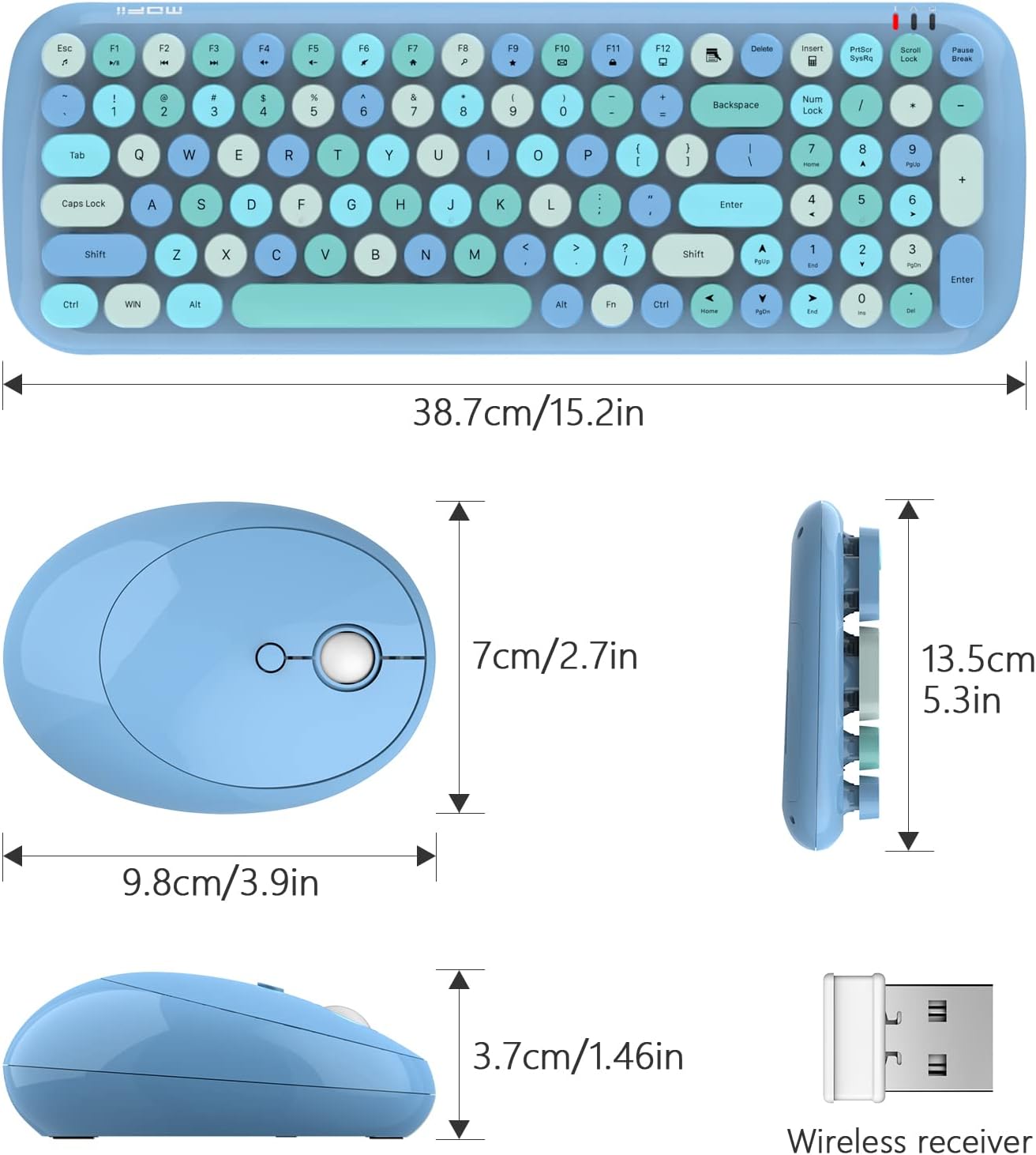 MOFII Wireless Keyboard and Mouse Combo, 2.4GHz Retro Typewriter Keyboard and Cute Mouse for Computer PC Desktops Laptop Windows(Blue Mix)