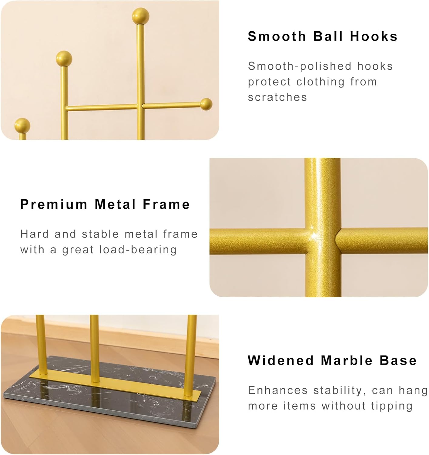 Standing Coat Rack with Marble Base Heavy Duty Clothes Hanger Rack Metal Coat Tree for Clothes Hats Scarfs Purses 19.69 x 11.02 x 68.9 Inches (Gold)