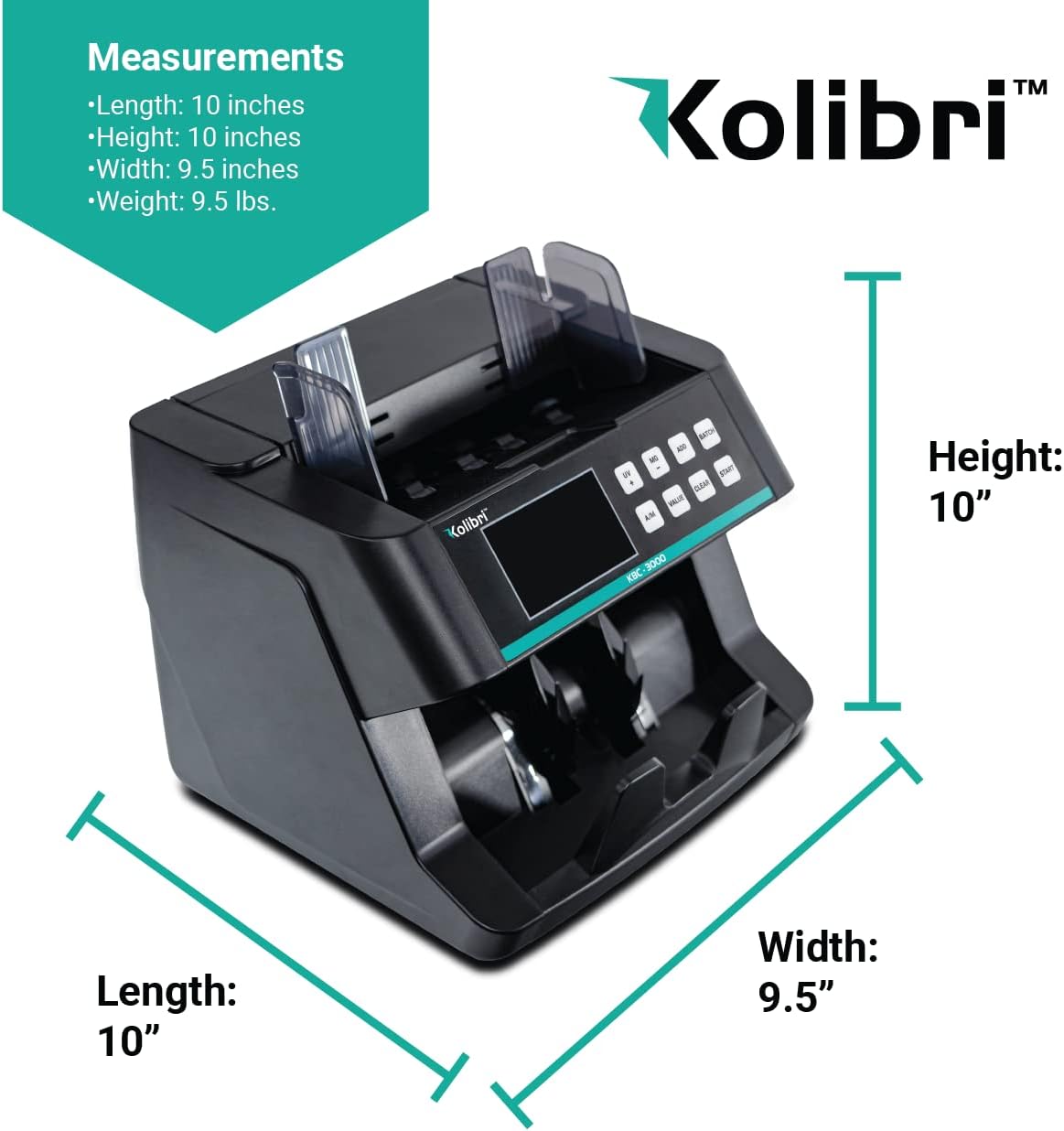 KOLIBRI Money Counter Machine, KBC-3000 with UV/IR Counterfeit Detection – Top Loading Bill Counting Machine w/ValuCount, Add and Batch Modes – Fast Speed 1,200 Notes/Min