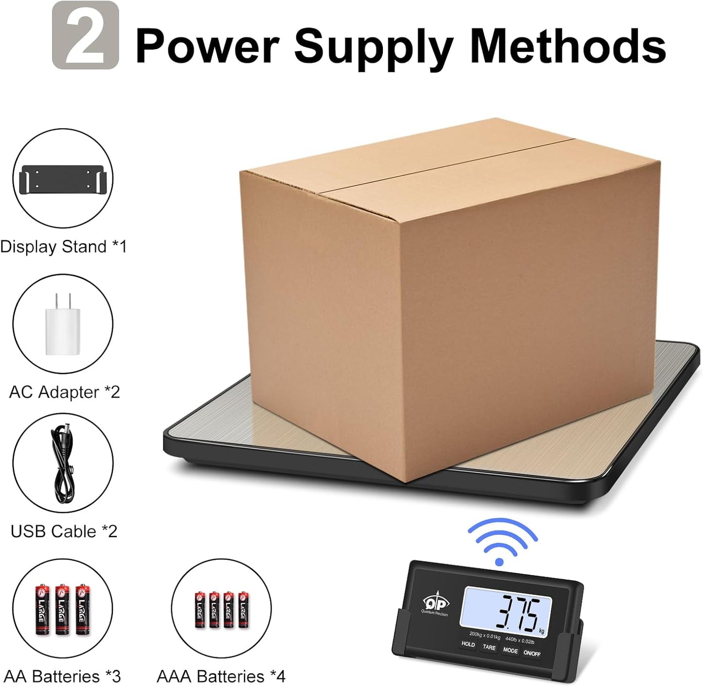 QP Shipping Scale, 440 lb/0.35 oz High Accuracy Digital Postal Scale, Postage Scale, Wireless LCD Display, Hold/Tare Function, Lightweight Scale for Packages/Luggage/Pet, Battery & AC Adapter Included