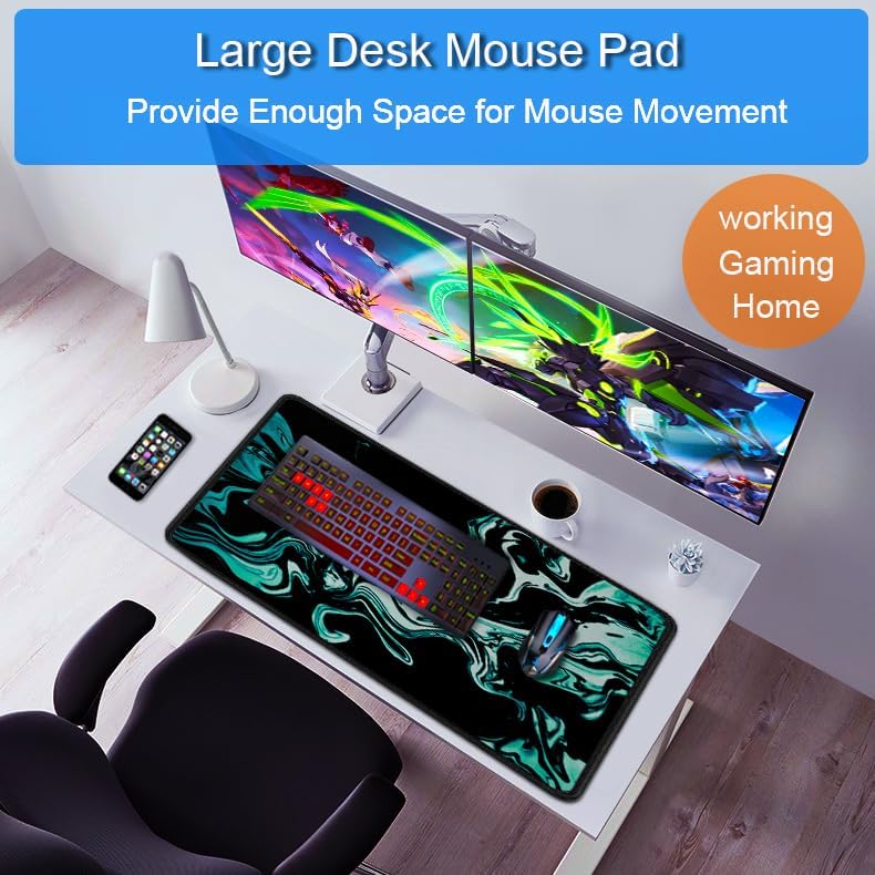 Large Mouse Pad, 31.5x15.7 inch Large Extended Computer Keyboard Mouse Mat, Water Resist Non-Slip Mousepad Rubber Base Long XXL Desk Mouse Pad for Gaming, Office & Home, Marble Cyan