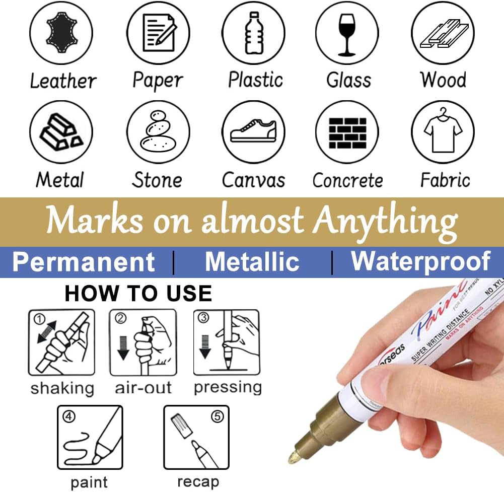 Overseas Gold and Silver Paint Pens - 6 Pack Oil Based Metallic Permanent Markers, Medium Tip, Quick Dry and Waterproof Paint Markers for Rock, Wood, Metal, Plastic, Canvas, Glass, Ceramics, Rubber