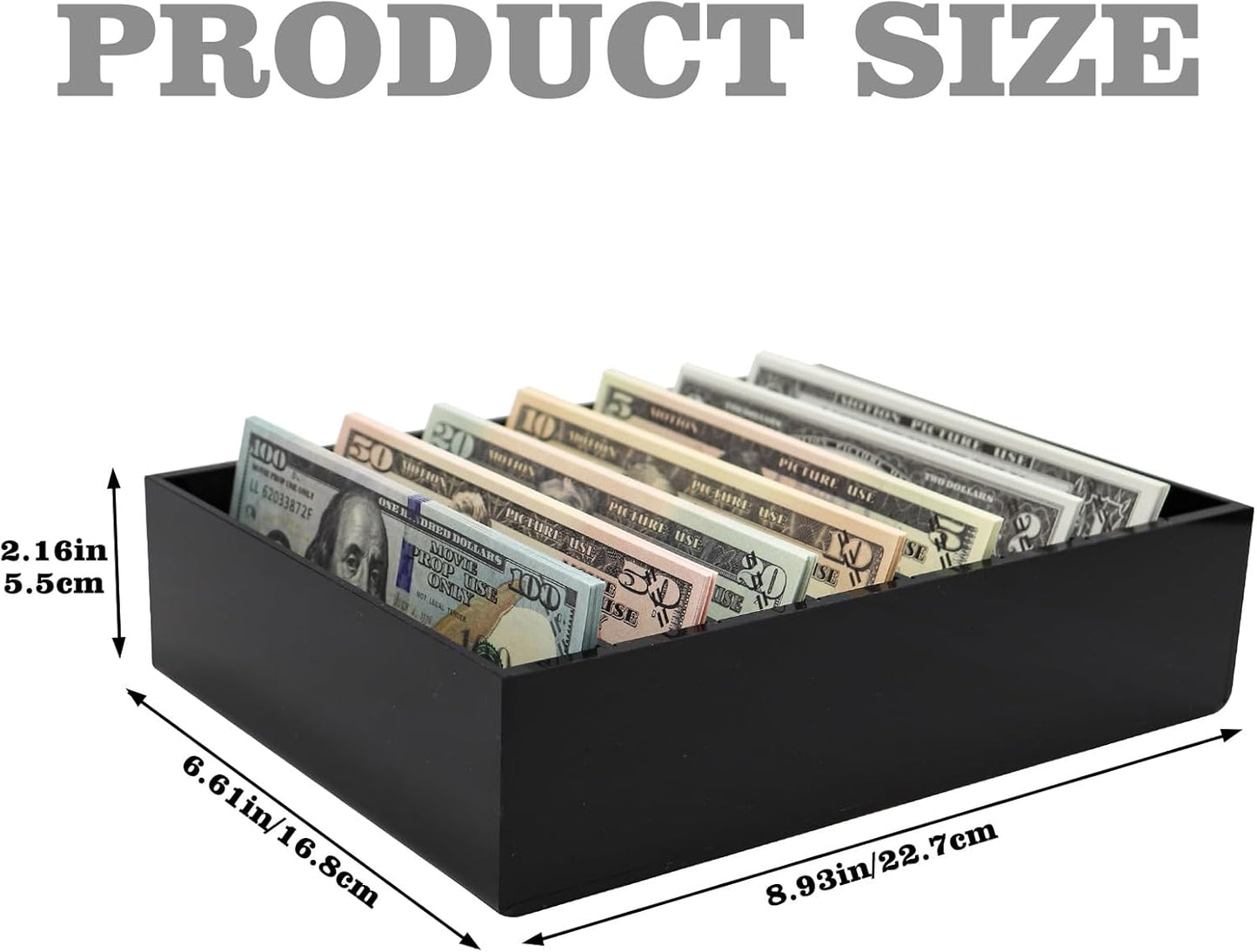 Money Organizer for Cash, 8 Compartment Black Acrylic Money Holder, Cash Tray, Cash Box, Cash Organizer for Bills