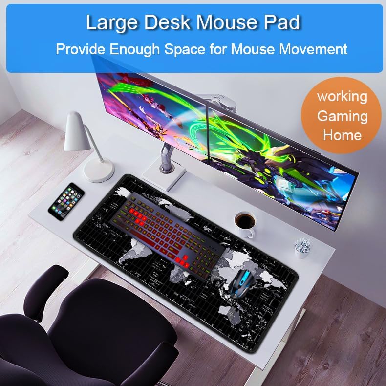 Large Mouse Pad, 31.5x15.7 inch Large Extended Computer Keyboard Mouse Mat, Water Resist Non-Slip Mousepad Rubber Base Long XXL Desk Mouse Pad for Work & Gaming, Office & Home, Grey Map