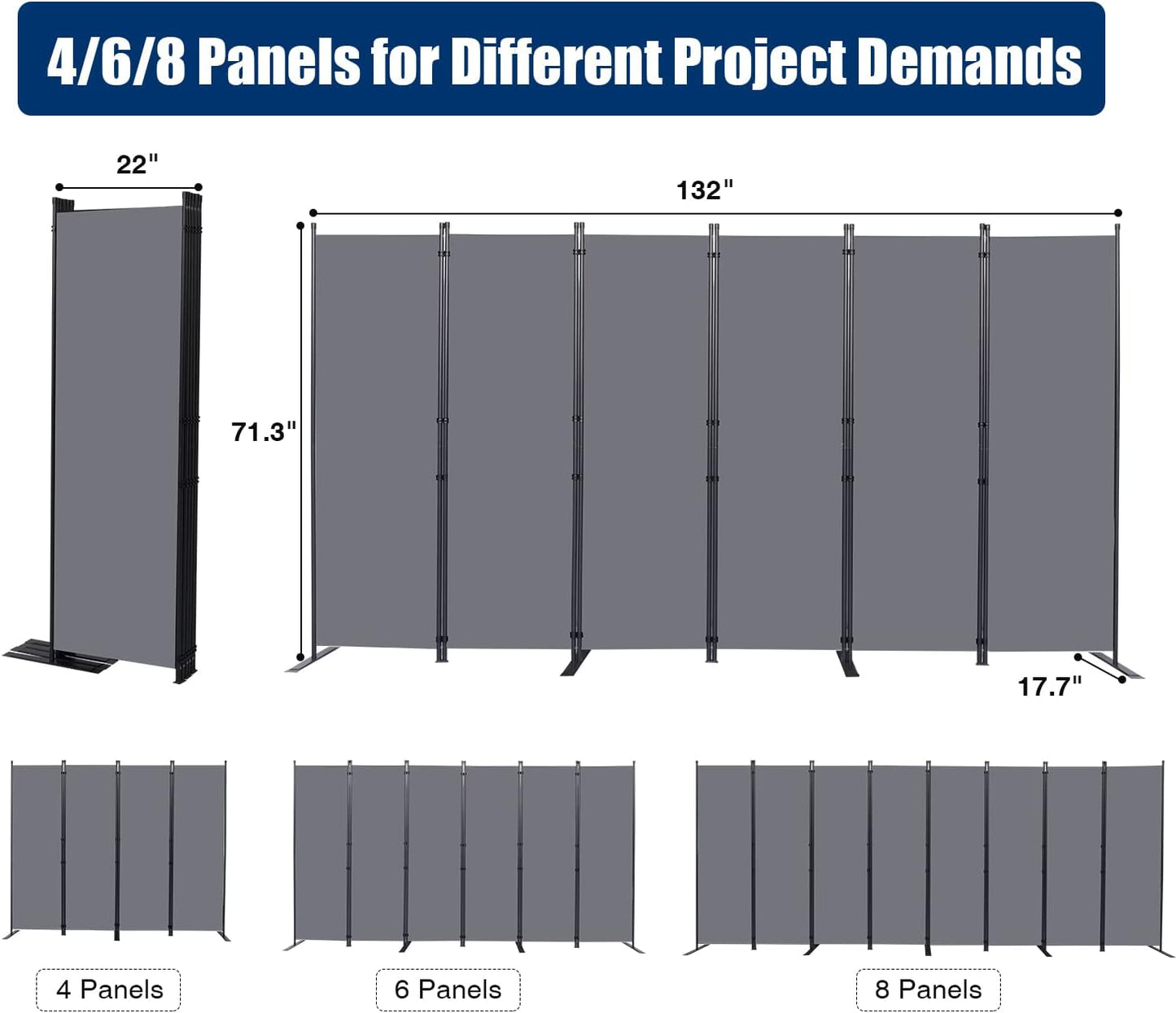 Room Divider 6FT Portable Room Dividers and Folding Privacy Screens, 132'' W Fabric Divider for Room Separation, 6 Panel Partition Room Dividers Freestanding Wall Divider Screen for Dorm Studio Office