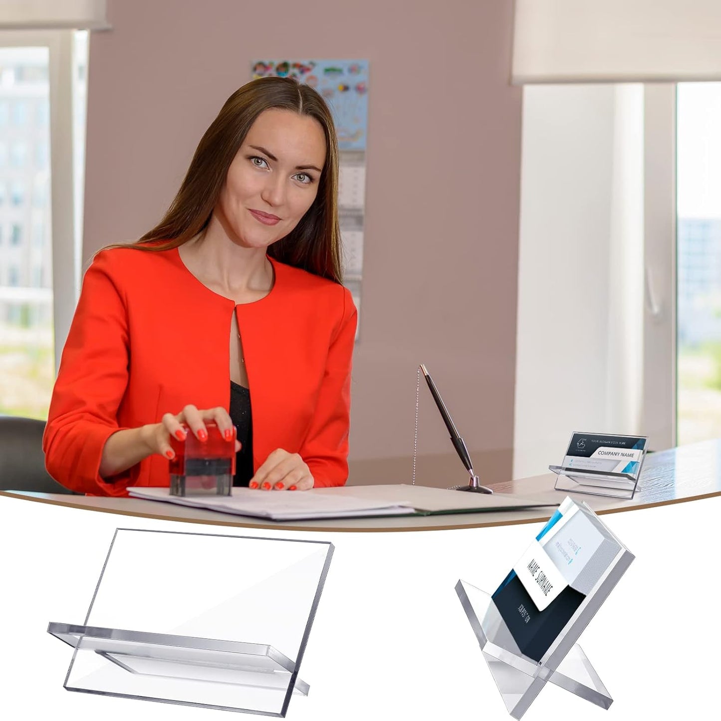 Sintuff 4 Pack Acrylic Business Card Holders for Desk Heavy Duty Clear Plastic Name Card Display Desktop Stand Organizer for Exhibition, Office, Restaurant, 50 Capacity